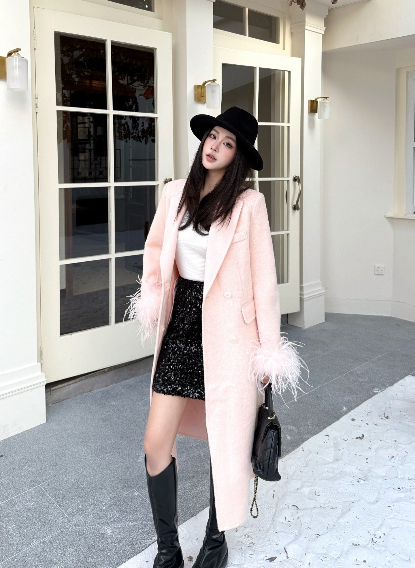 Feather Cuff Tailored Double-Breasted Wool-Blend Long Coat