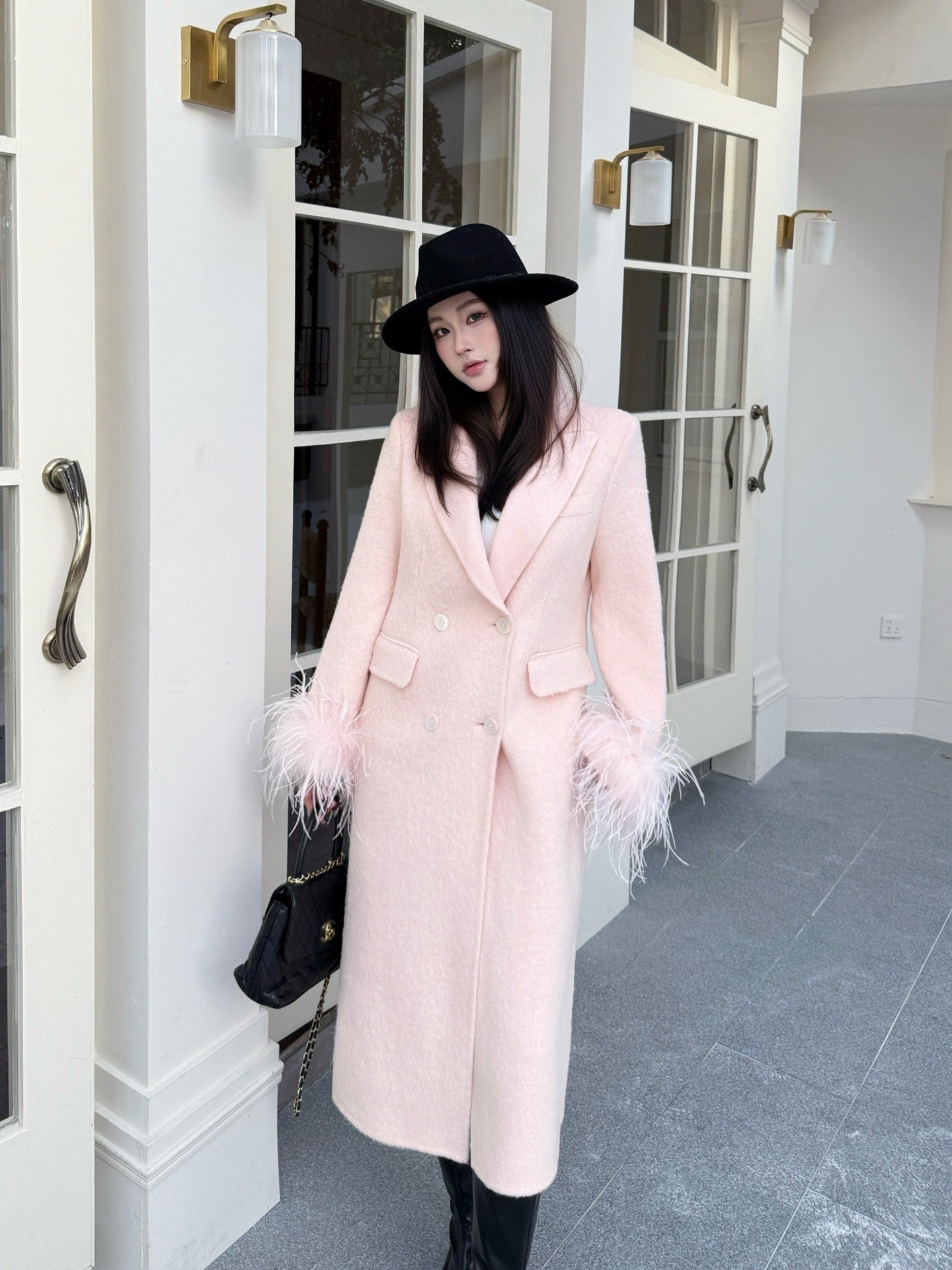 Feather Cuff Tailored Double-Breasted Wool-Blend Long Coat
