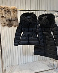 Cream Belted Puffer Jacket with Plush Faux Fur Hood
