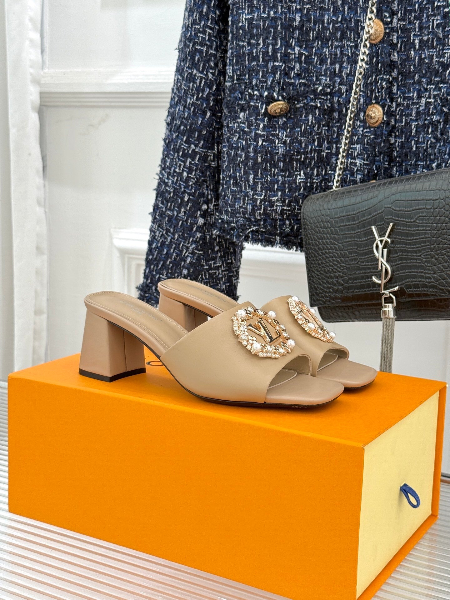 LV Madeleine Mule – Crystal & Pearl Brooch Block-Heel Slide