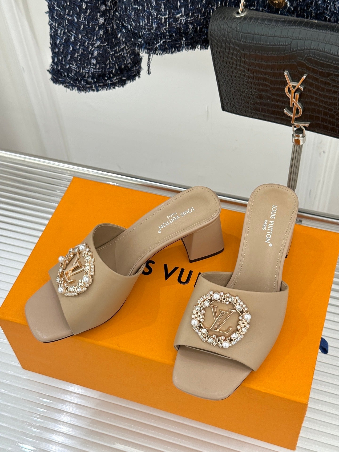 LV Madeleine Mule – Crystal & Pearl Brooch Block-Heel Slide