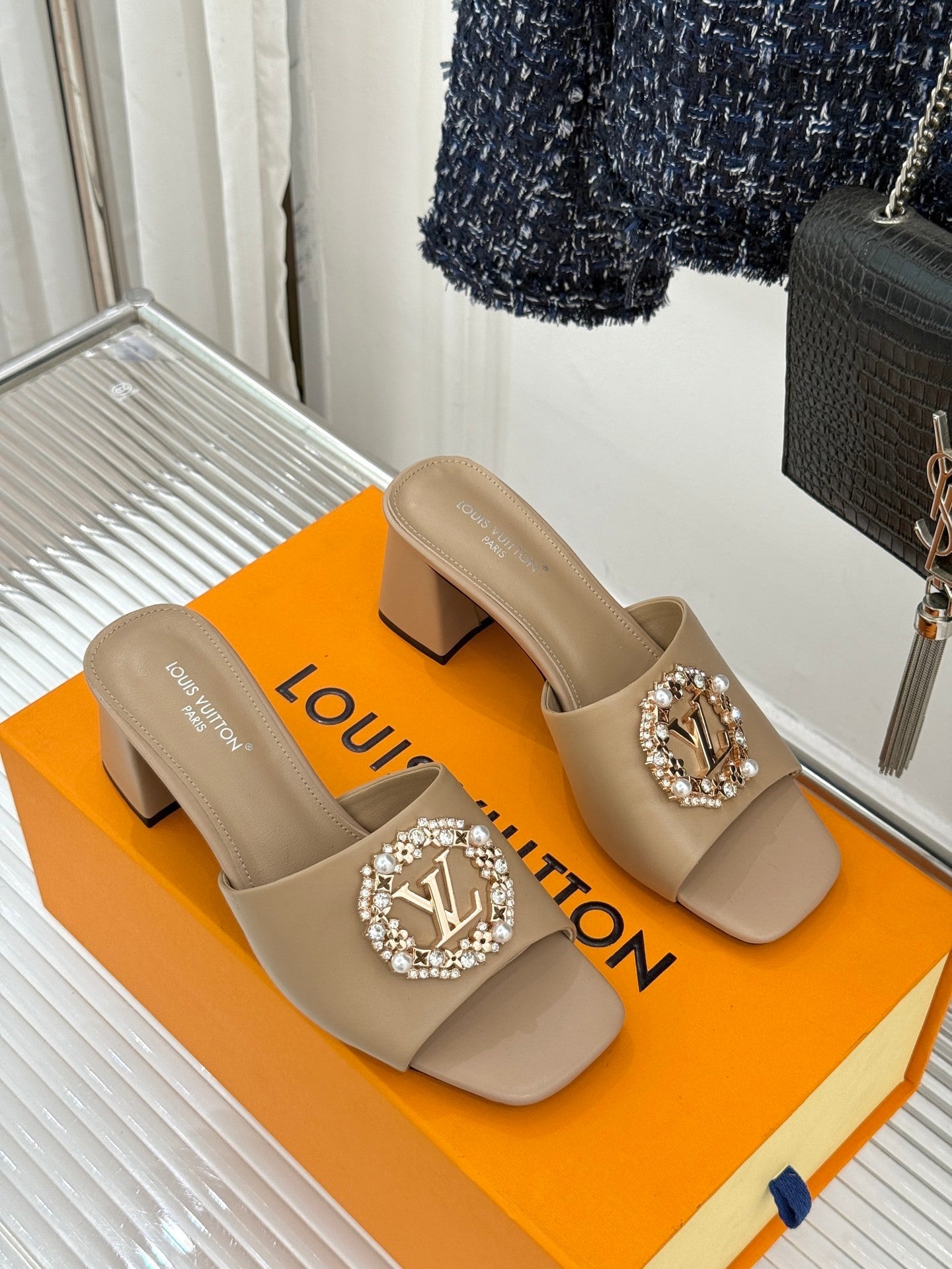 LV Madeleine Mule – Crystal & Pearl Brooch Block-Heel Slide