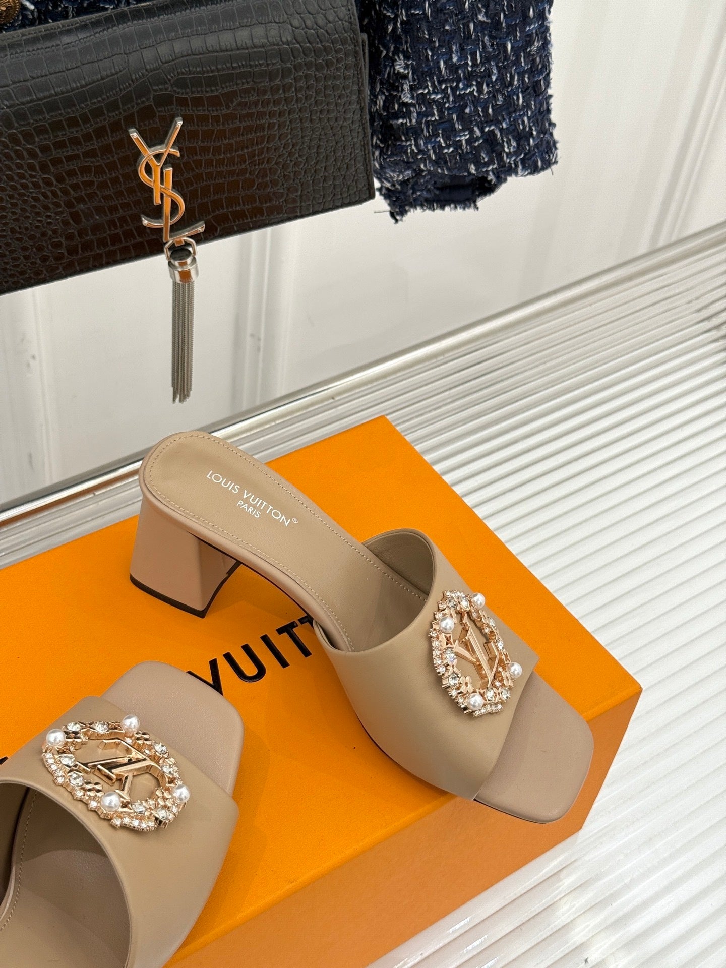 LV Madeleine Mule – Crystal & Pearl Brooch Block-Heel Slide