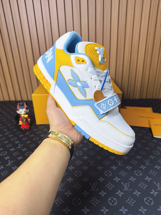 LV Trainer Sneaker – Blue & Yellow Perforated Calf Leather | Luxury Men’s Streetwear