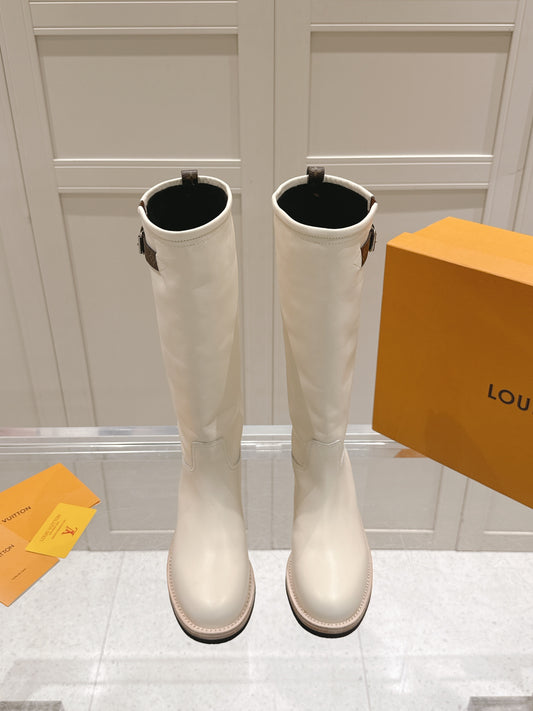 LV Biker High Boots – Alabaster White Straight-Shaft Calf Leather Riding Boots with Monogram Trim