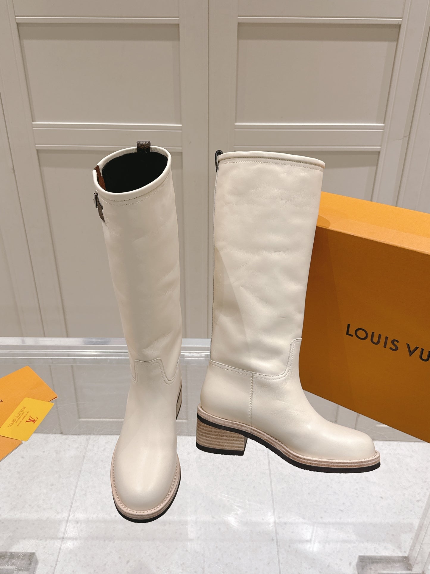 LV Biker High Boots – Alabaster White Straight-Shaft Calf Leather Riding Boots with Monogram Trim