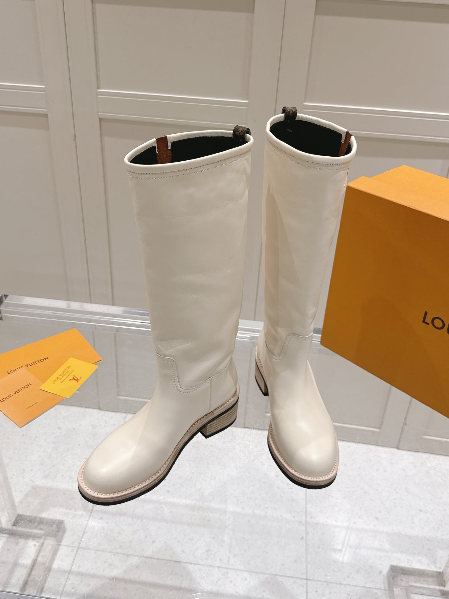 LV Biker High Boots – Alabaster White Straight-Shaft Calf Leather Riding Boots with Monogram Trim