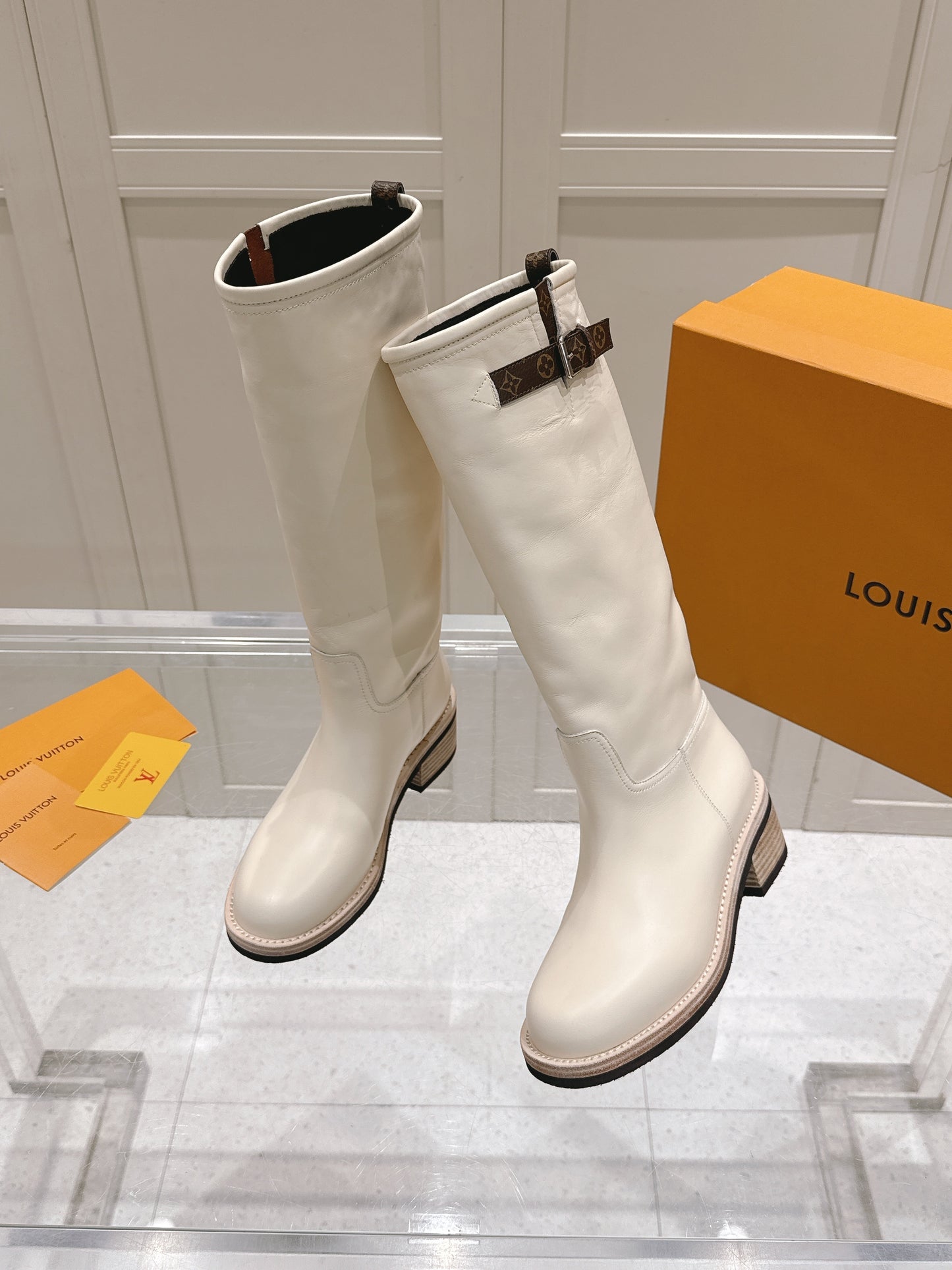 LV Biker High Boots – Alabaster White Straight-Shaft Calf Leather Riding Boots with Monogram Trim