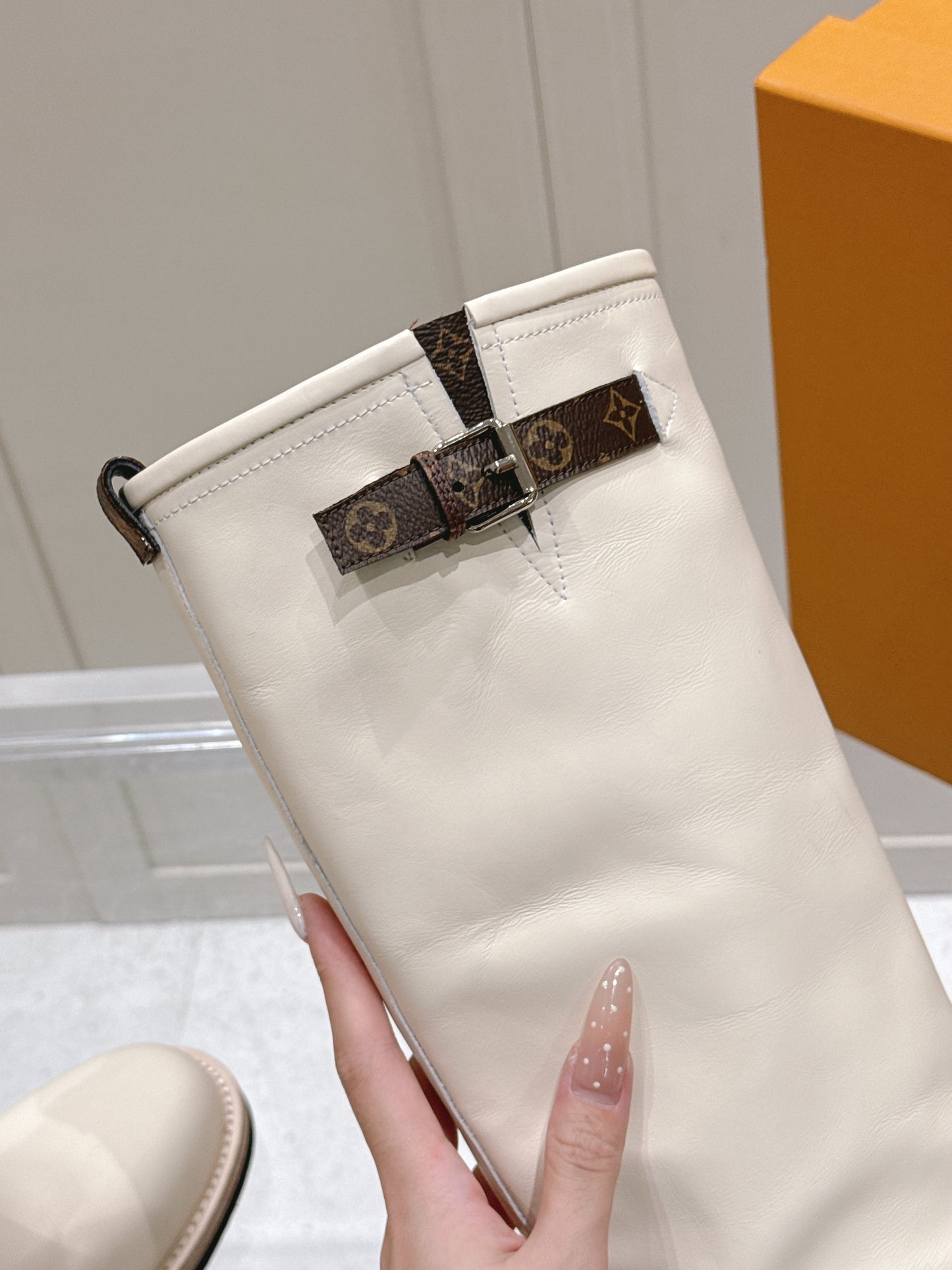LV Biker High Boots – Alabaster White Straight-Shaft Calf Leather Riding Boots with Monogram Trim