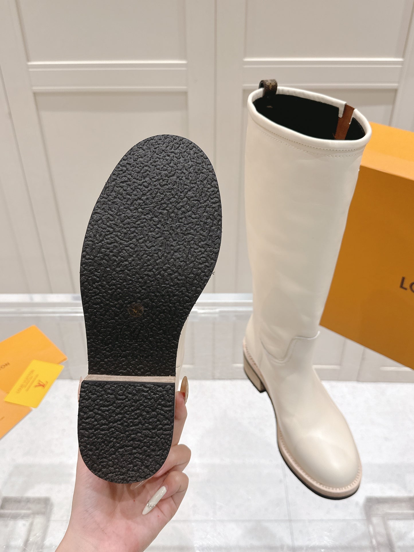 LV Biker High Boots – Alabaster White Straight-Shaft Calf Leather Riding Boots with Monogram Trim