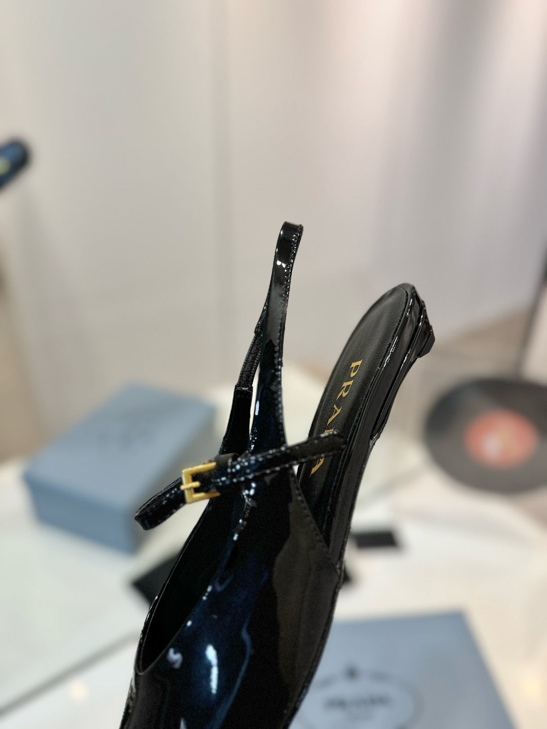 Black Leather Square-Toe Pumps – High-Gloss Architectural Mary Jane Flat Slingbacks