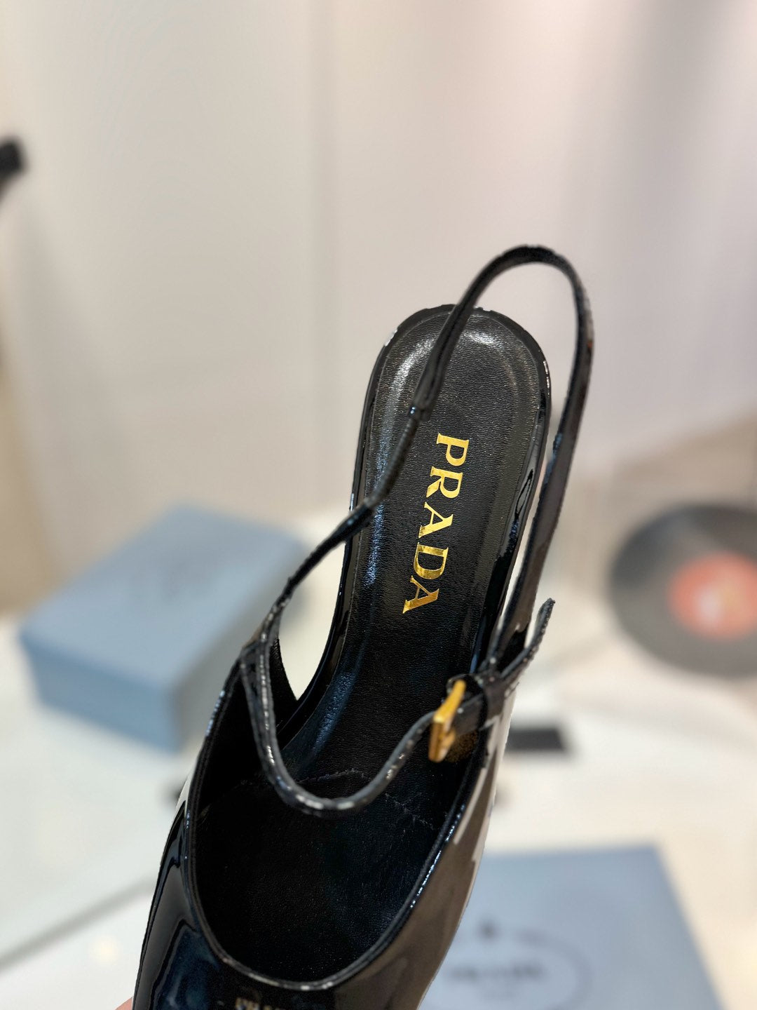 Black Leather Square-Toe Pumps – High-Gloss Architectural Mary Jane Flat Slingbacks
