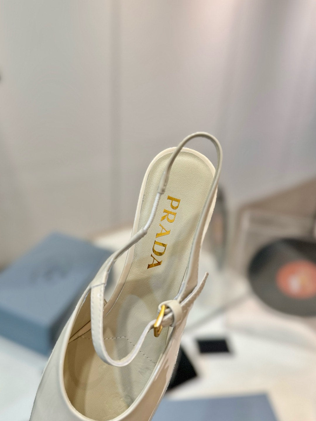 Cream Patent Leather Square-Toe Pumps – High-Gloss Architectural Mary Jane Flat Slingbacks