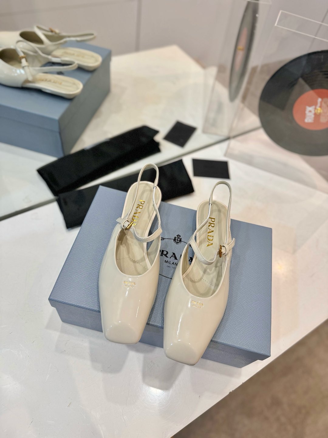 Cream Patent Leather Square-Toe Pumps – High-Gloss Architectural Mary Jane Flat Slingbacks