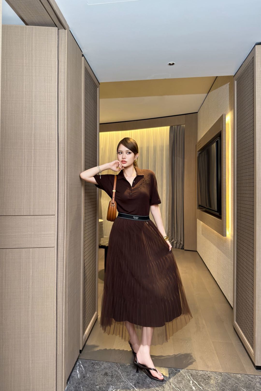 Pleated Tulle Midi Skirt – Espresso-Brown Multi-Layered Accordion Pleat Mesh Skirt