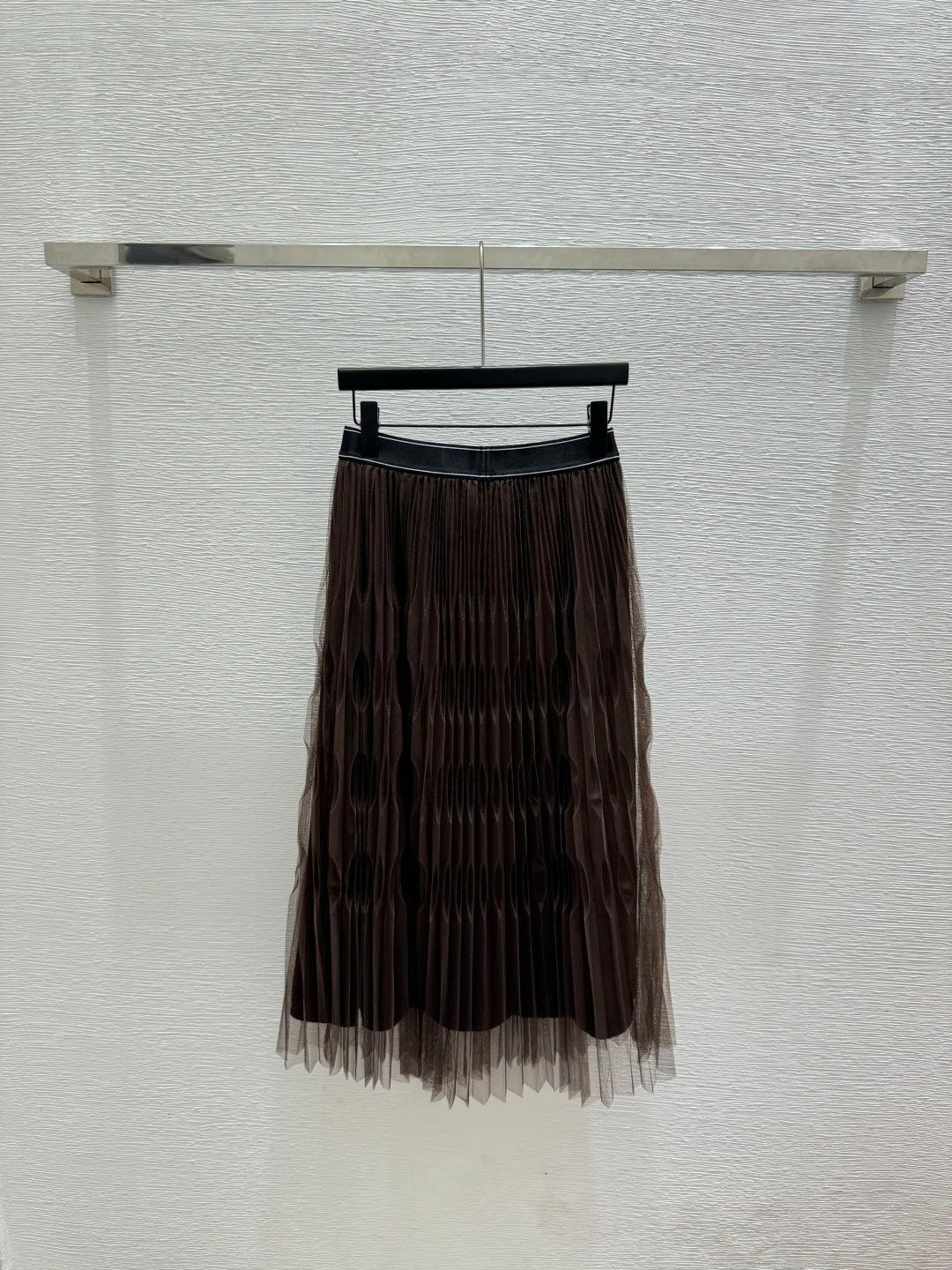 Pleated Tulle Midi Skirt – Espresso-Brown Multi-Layered Accordion Pleat Mesh Skirt