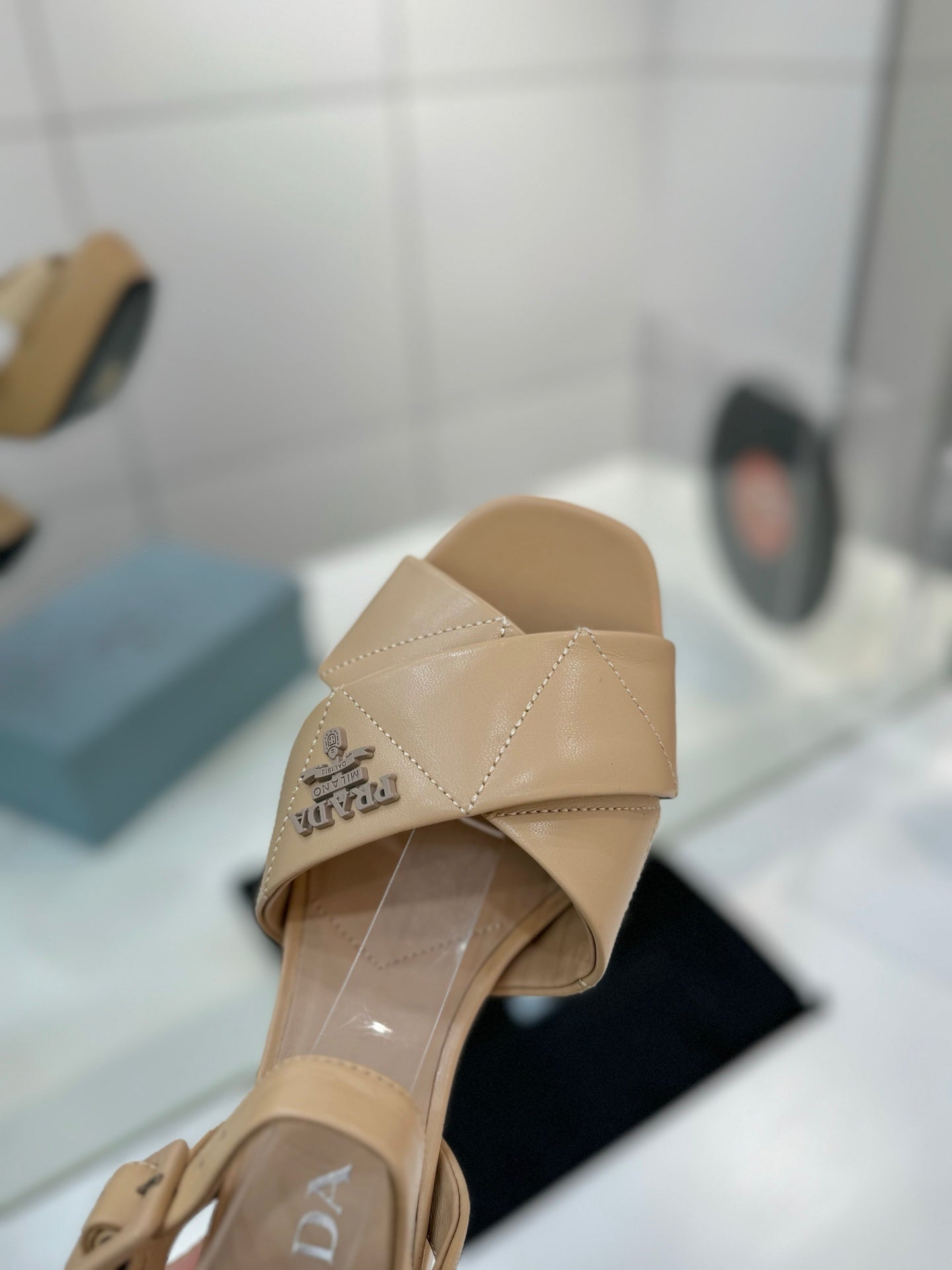 Quilted Nappa Leather Platform – Desert Beige Padded Crisscross Sandals