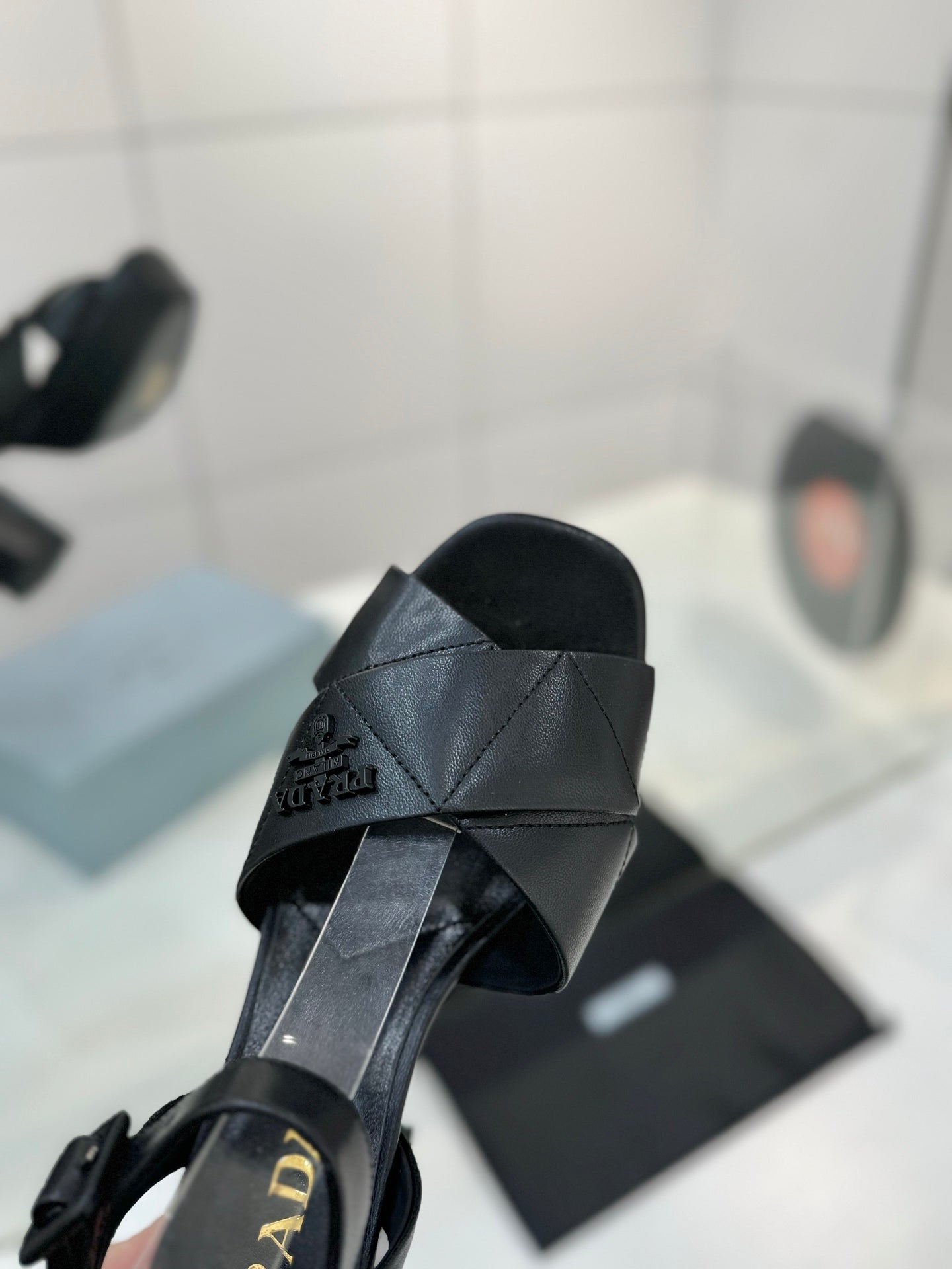 Prada Quilted Nappa Leather Platform – Obsidian Black Padded Triangle Motif Sandals