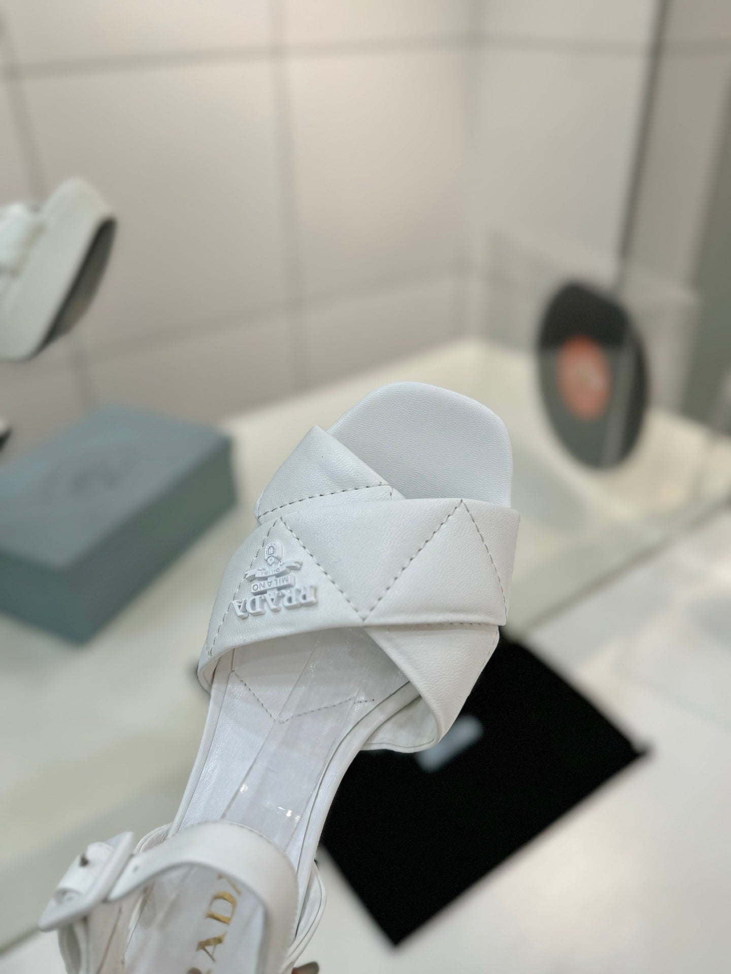 Quilted Nappa Leather Platform – Optic White Padded Triangle Motif Sandals