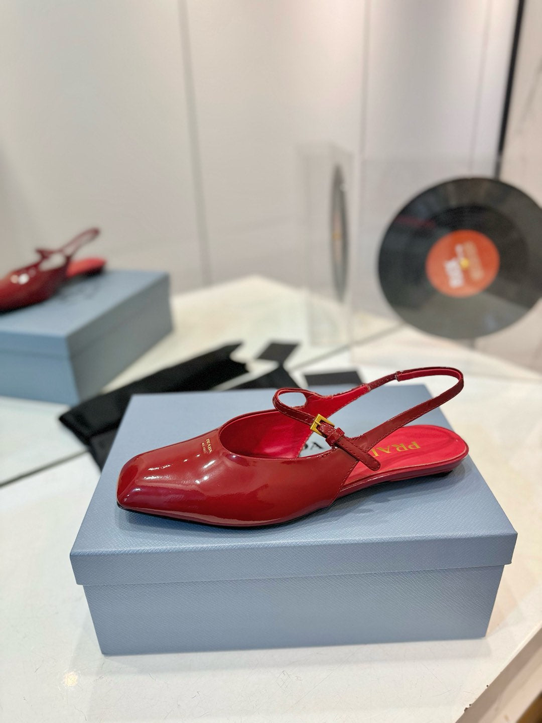 Red Patent Leather Square-Toe  Pumps – High-Gloss Architectural Crimson Mary Jane Flat Slingbacks