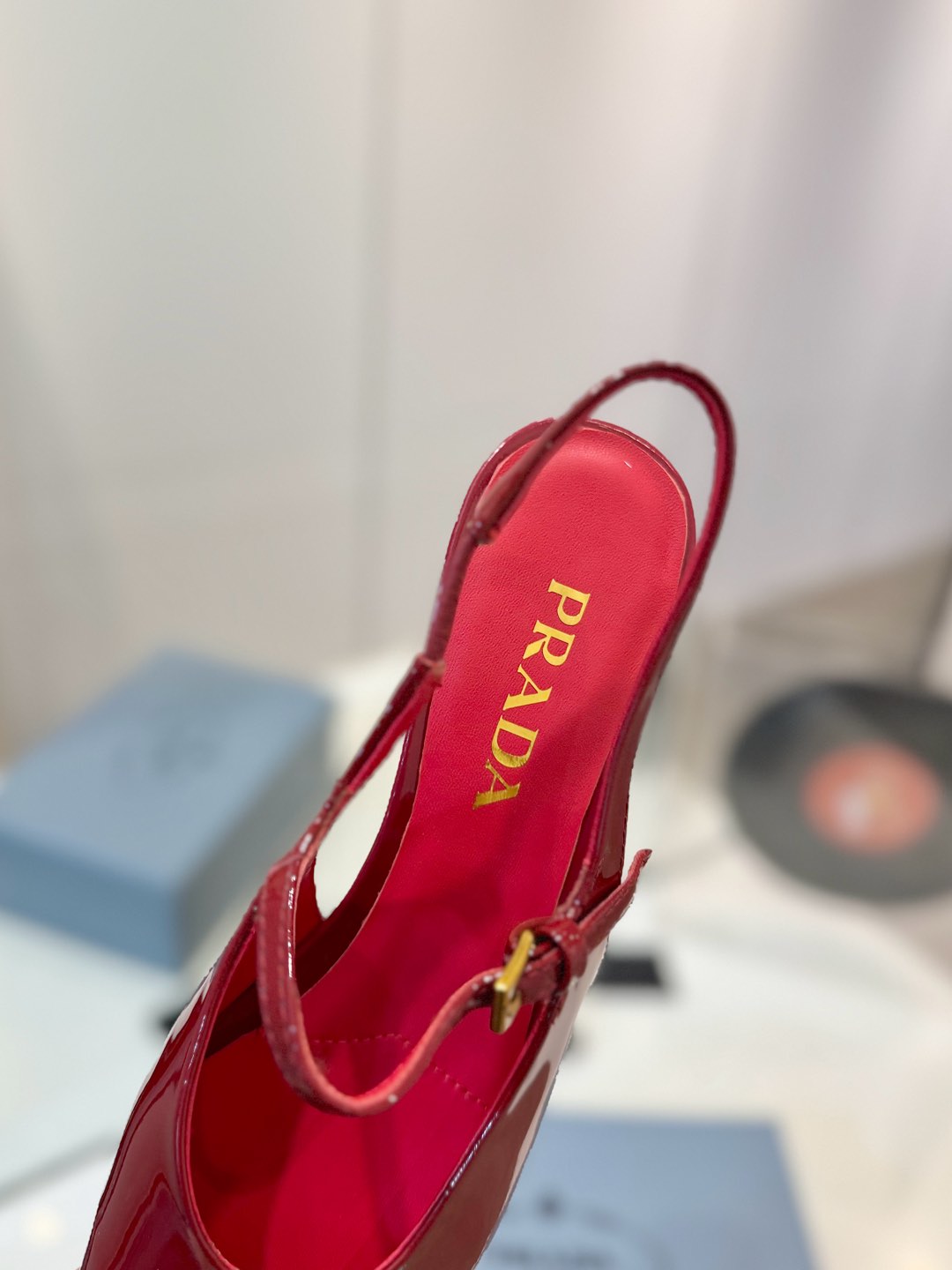 Red Patent Leather Square-Toe  Pumps – High-Gloss Architectural Crimson Mary Jane Flat Slingbacks