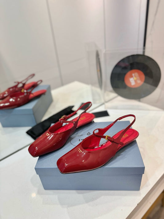 Red Patent Leather Square-Toe  Pumps – High-Gloss Architectural Crimson Mary Jane Flat Slingbacks