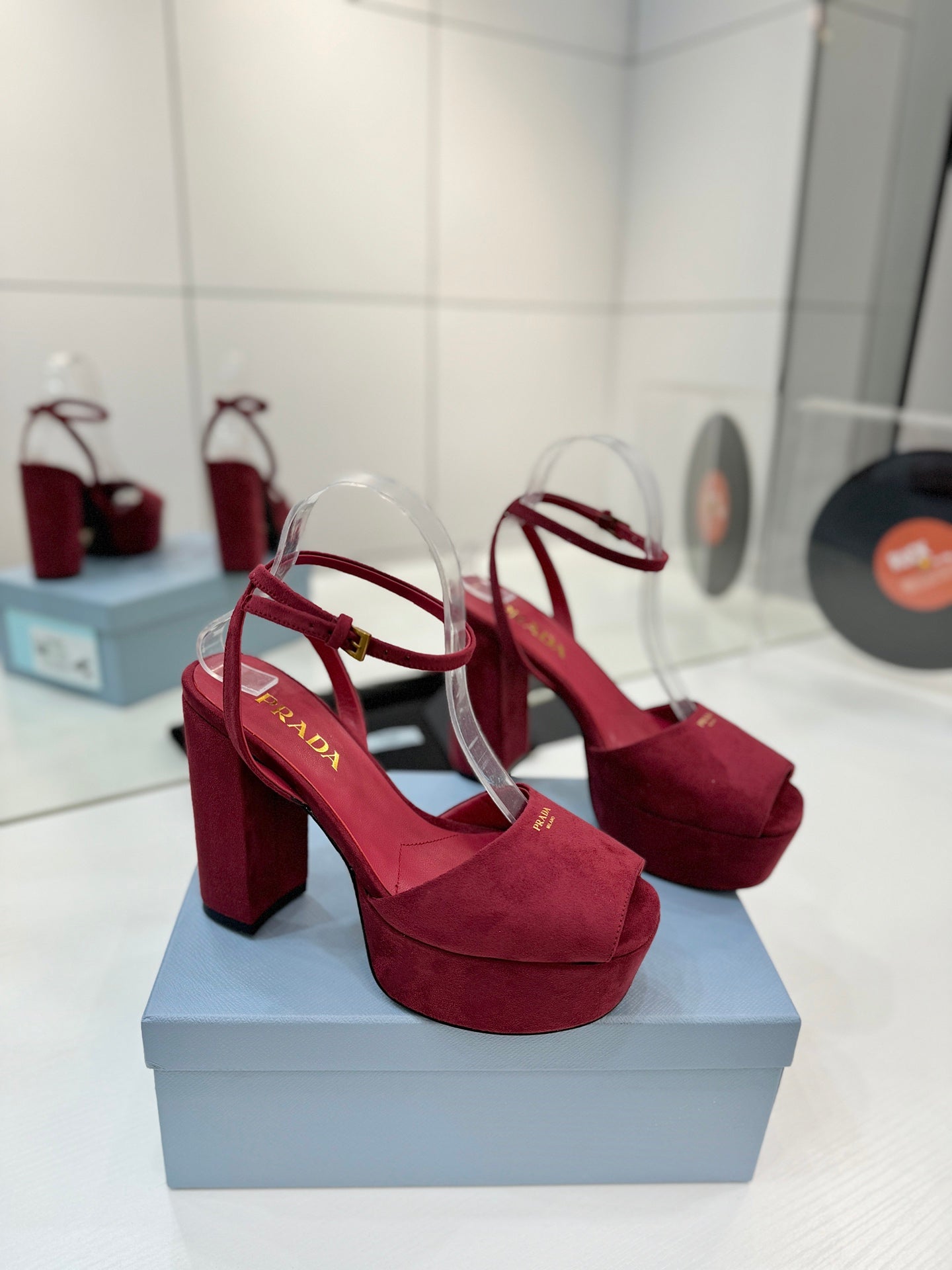 Block-Heel Platform – Burgundy Matte Suede with Gold-Toned Branding