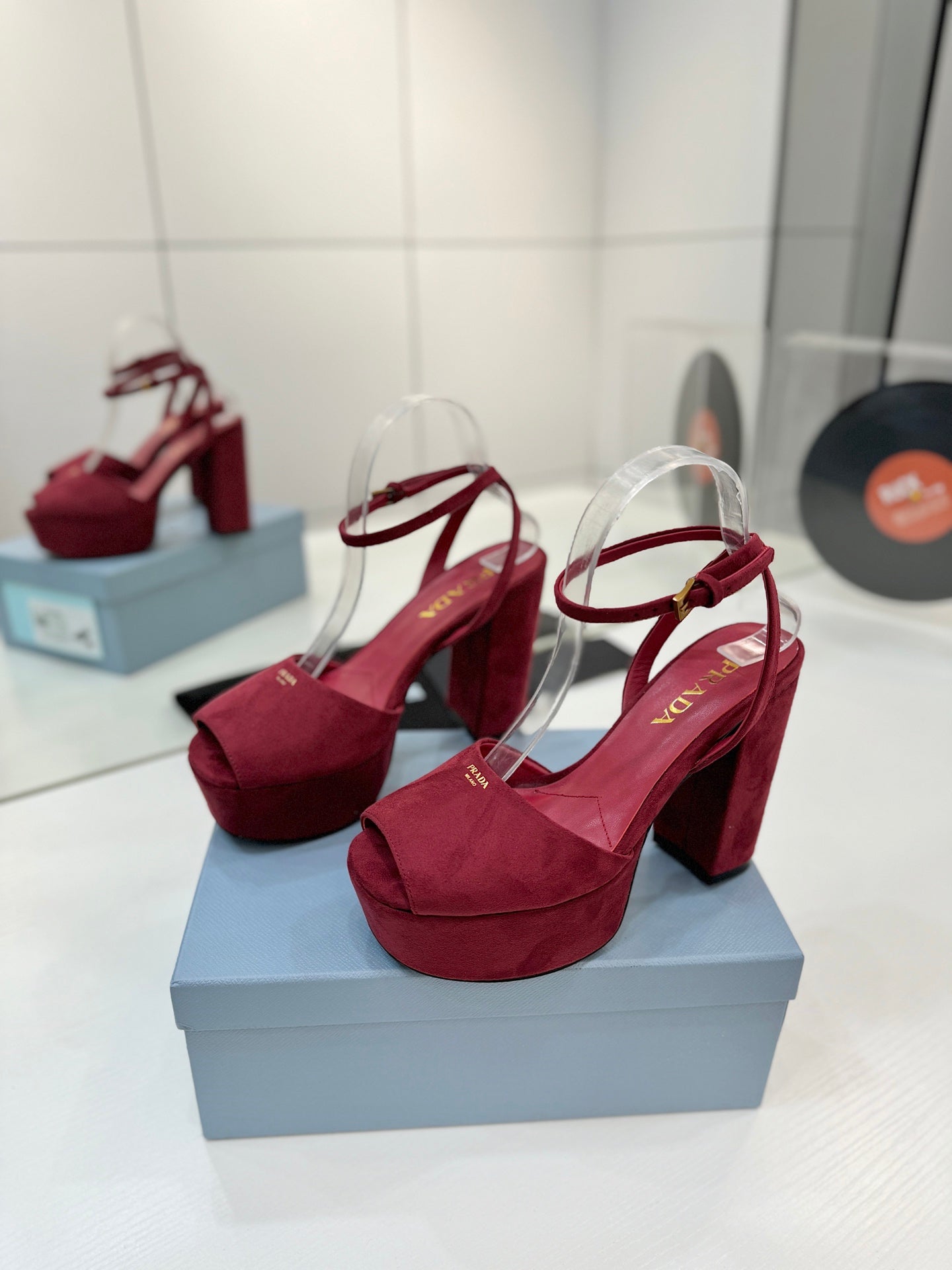 Block-Heel Platform – Burgundy Matte Suede with Gold-Toned Branding