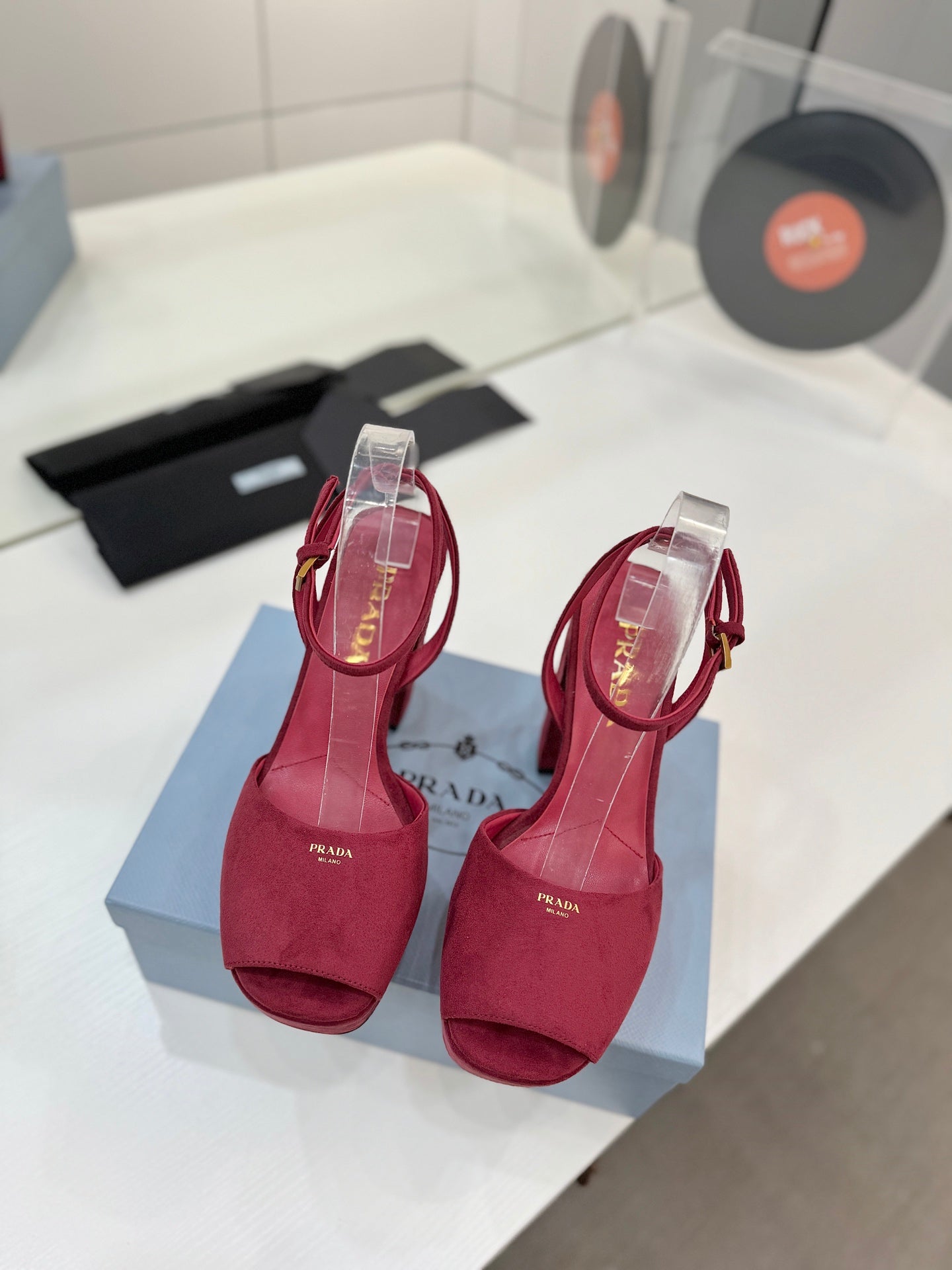 Block-Heel Platform – Burgundy Matte Suede with Gold-Toned Branding