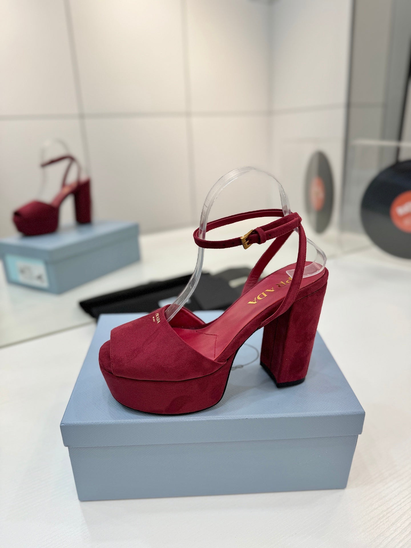 Block-Heel Platform – Burgundy Matte Suede with Gold-Toned Branding