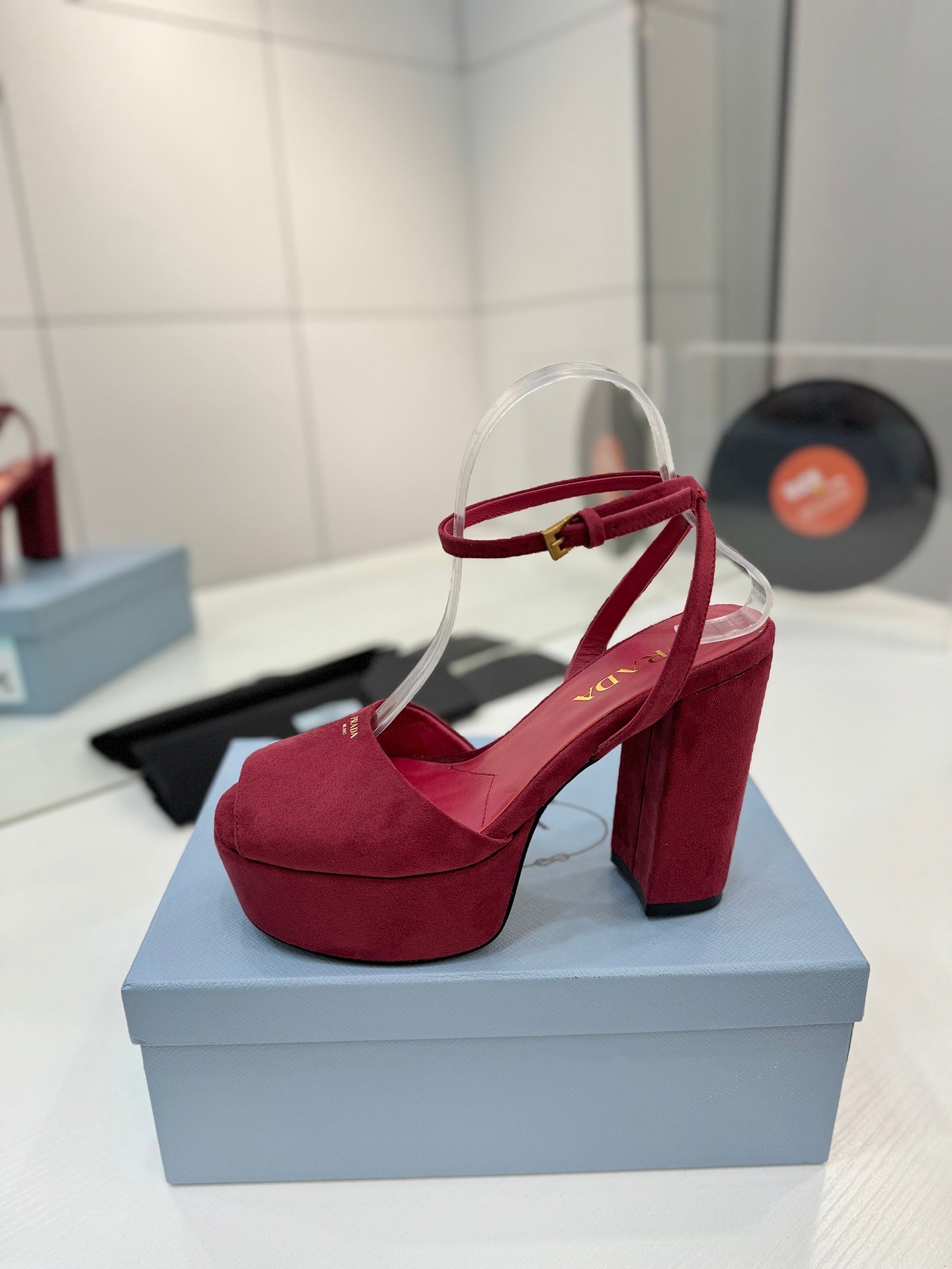 Block-Heel Platform – Burgundy Matte Suede with Gold-Toned Branding