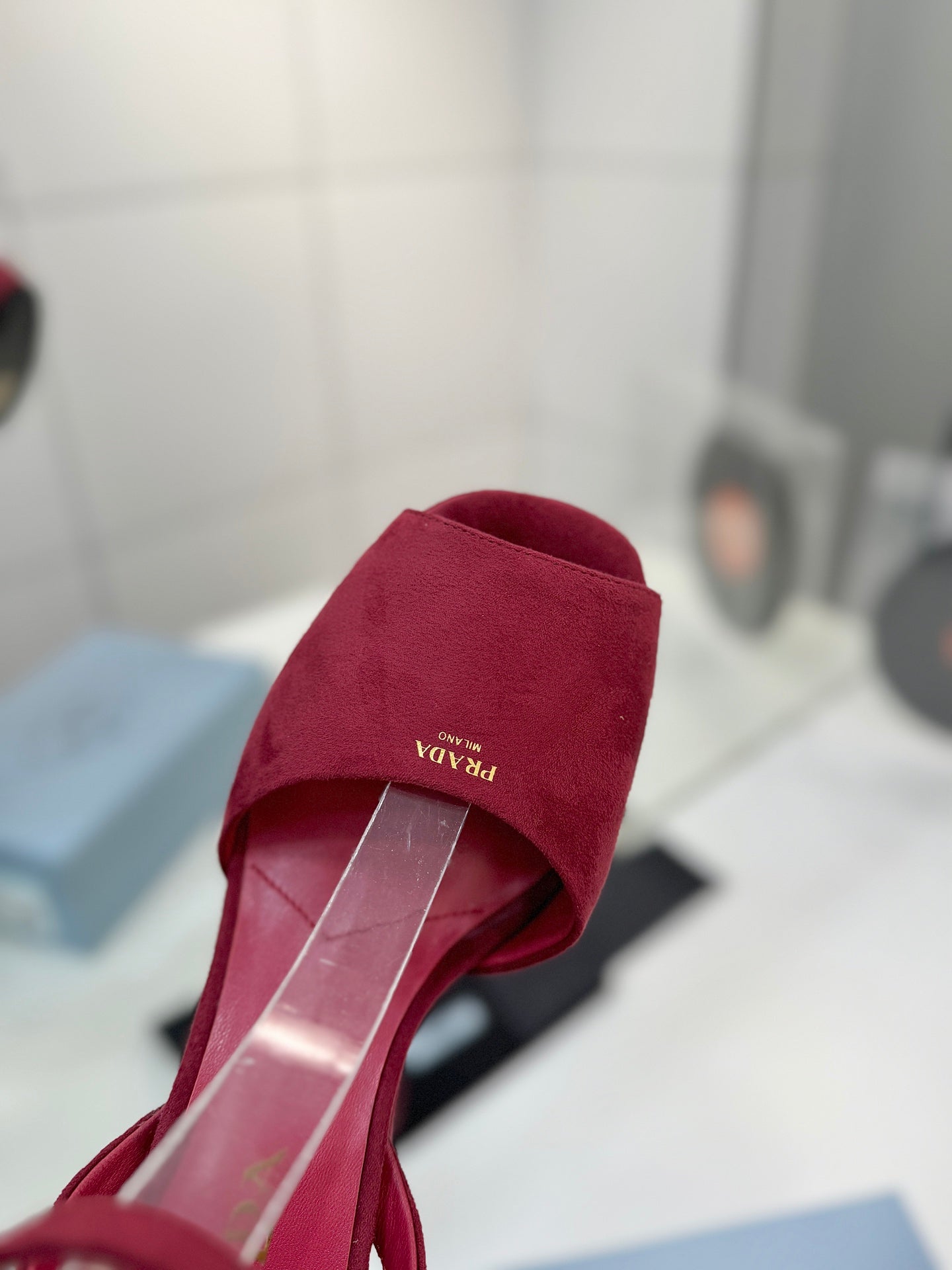 Block-Heel Platform – Burgundy Matte Suede with Gold-Toned Branding
