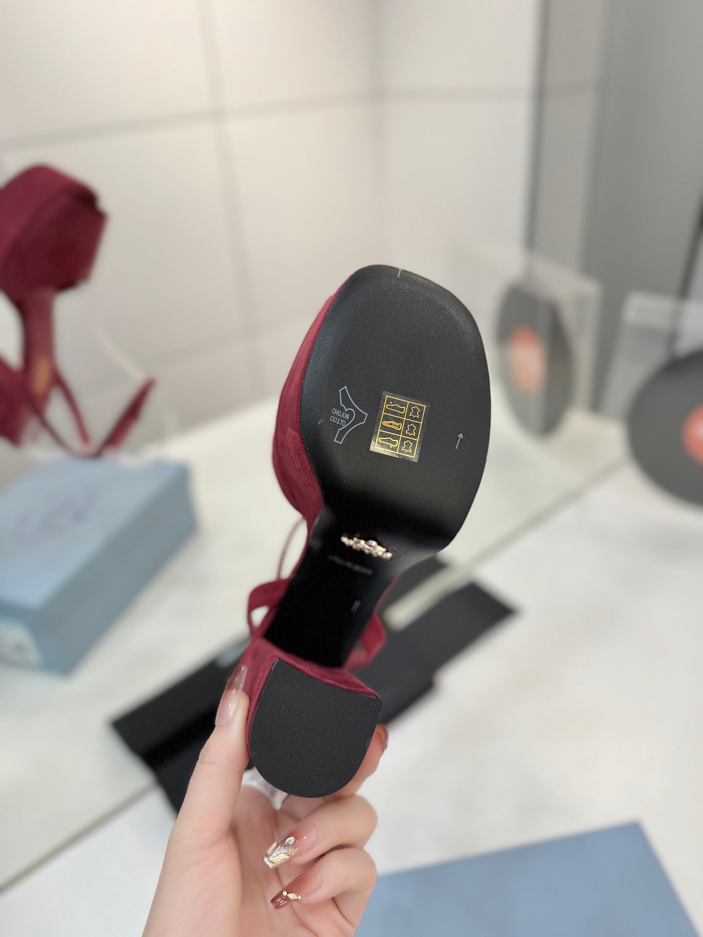 Block-Heel Platform – Burgundy Matte Suede with Gold-Toned Branding