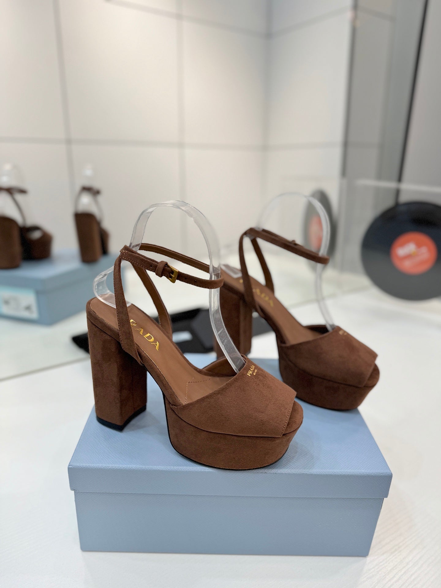 Block-Heel Platform – Tobacco Brown Matte Suede with Gold-Toned Branding