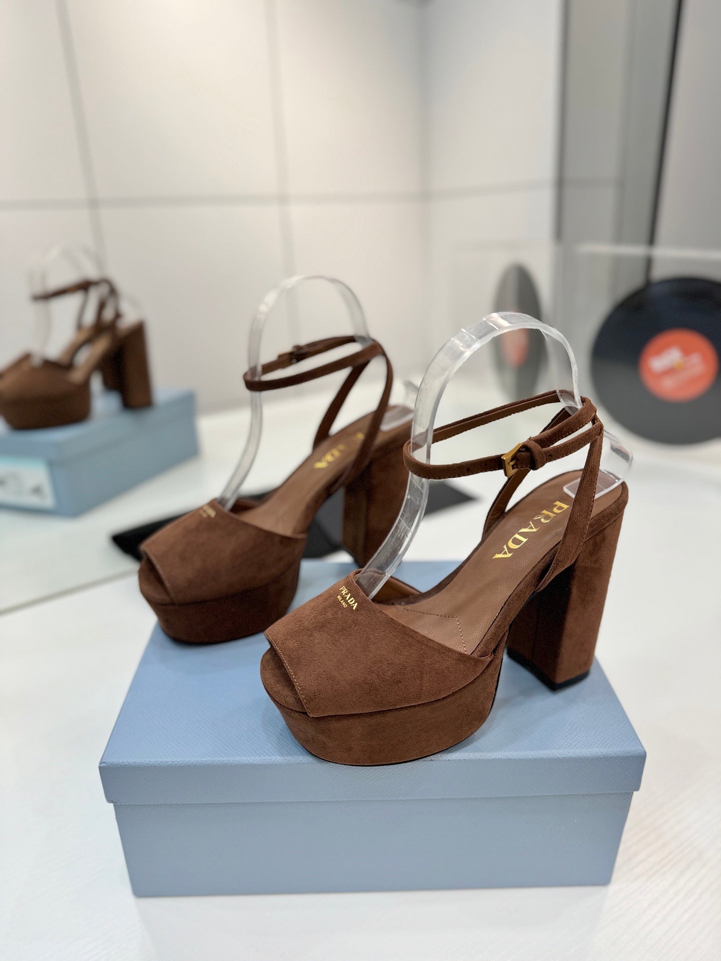 Block-Heel Platform – Tobacco Brown Matte Suede with Gold-Toned Branding