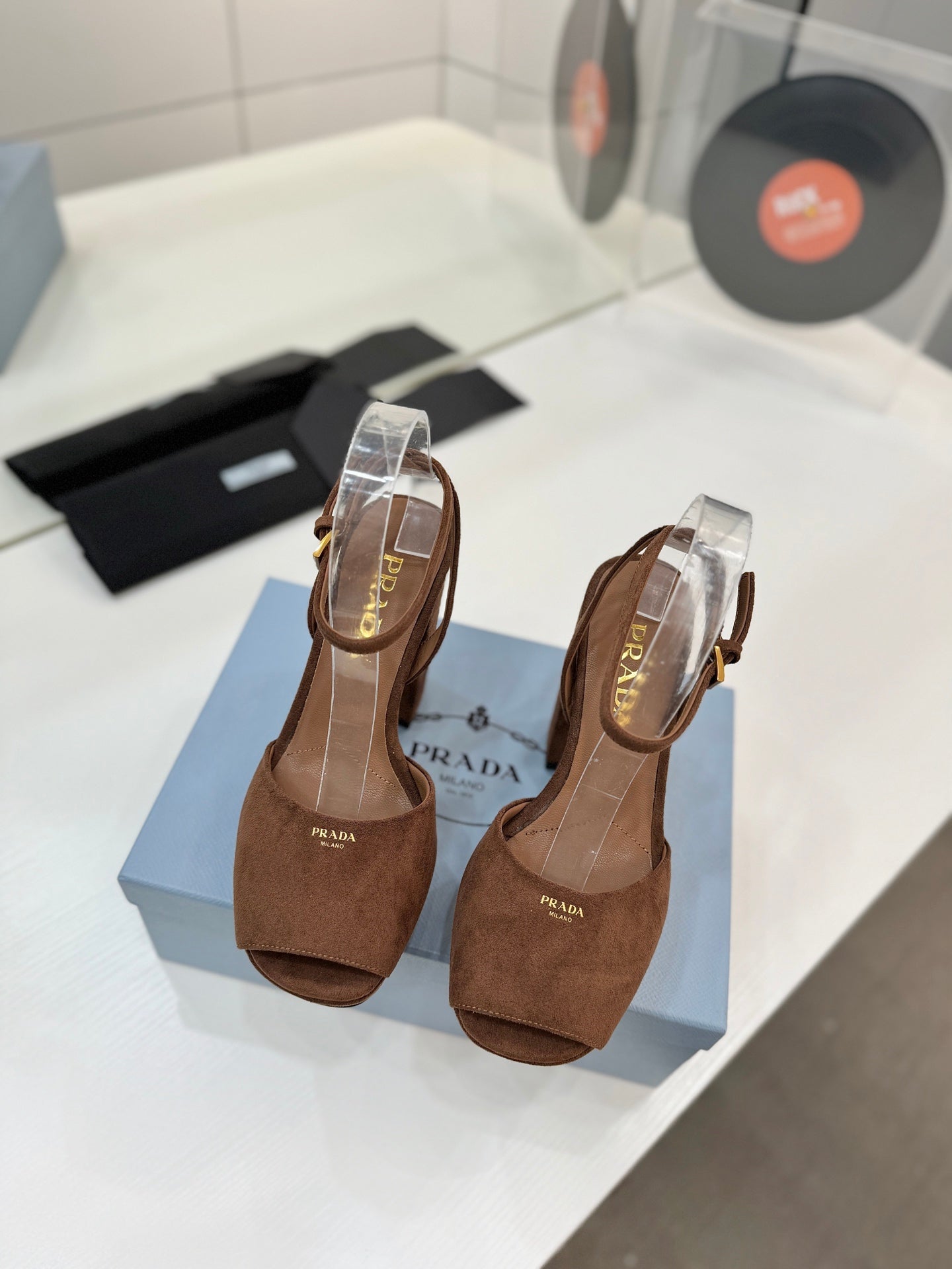 Block-Heel Platform – Tobacco Brown Matte Suede with Gold-Toned Branding