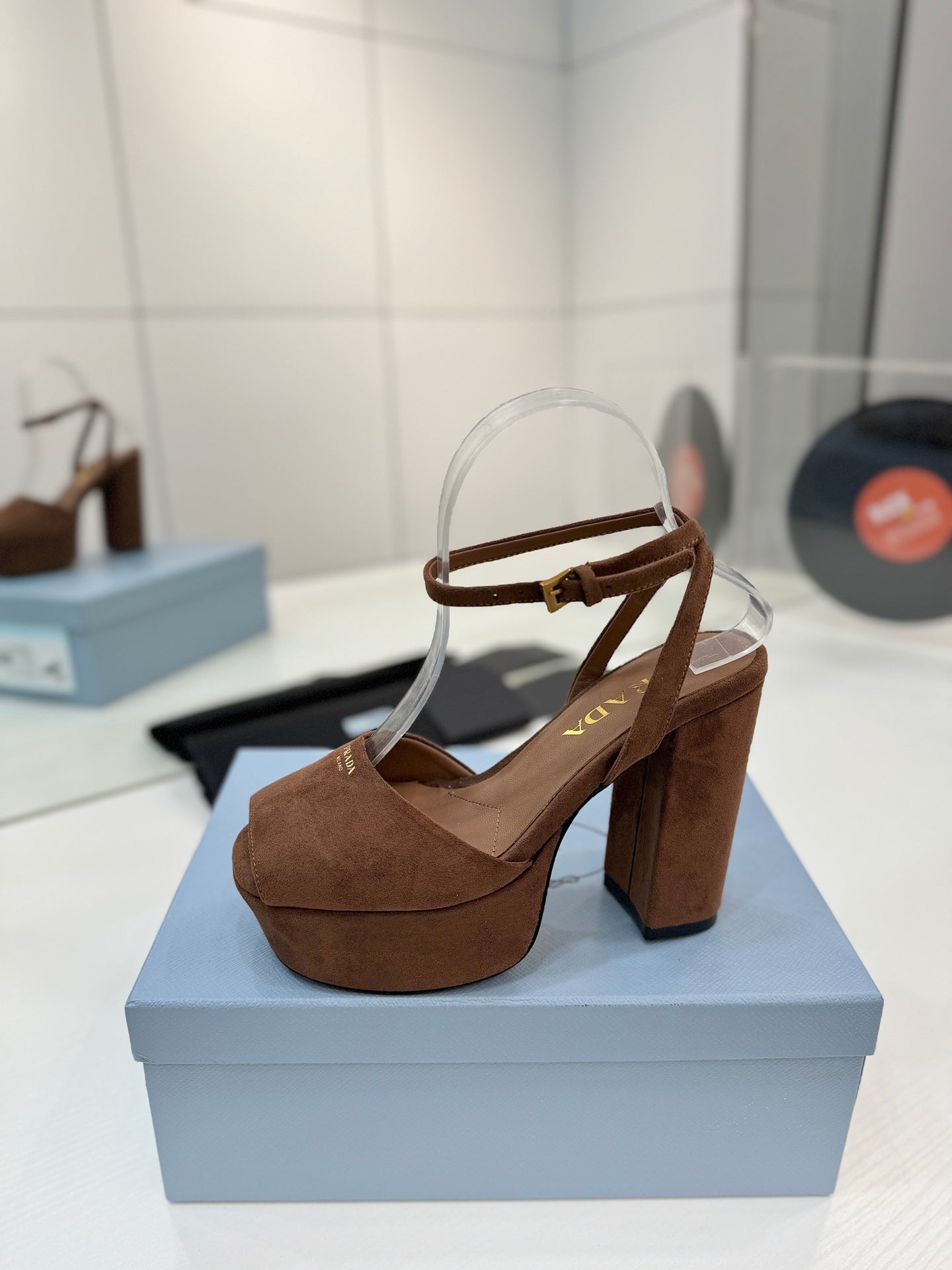 Block-Heel Platform – Tobacco Brown Matte Suede with Gold-Toned Branding