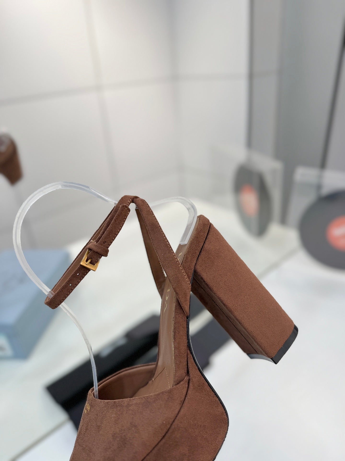 Block-Heel Platform – Tobacco Brown Matte Suede with Gold-Toned Branding