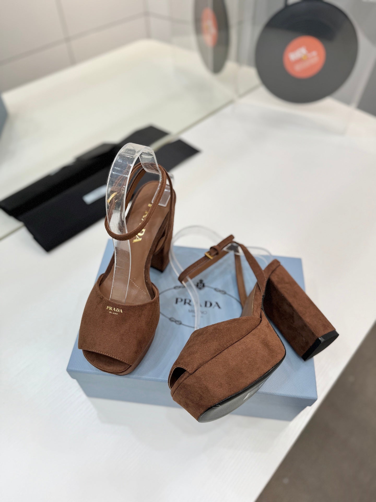 Block-Heel Platform – Tobacco Brown Matte Suede with Gold-Toned Branding
