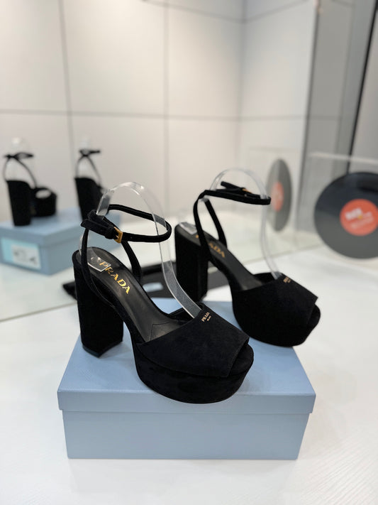 Prada Block-Heel Platform – Deep Black Matte Suede with Gold-Toned Branding