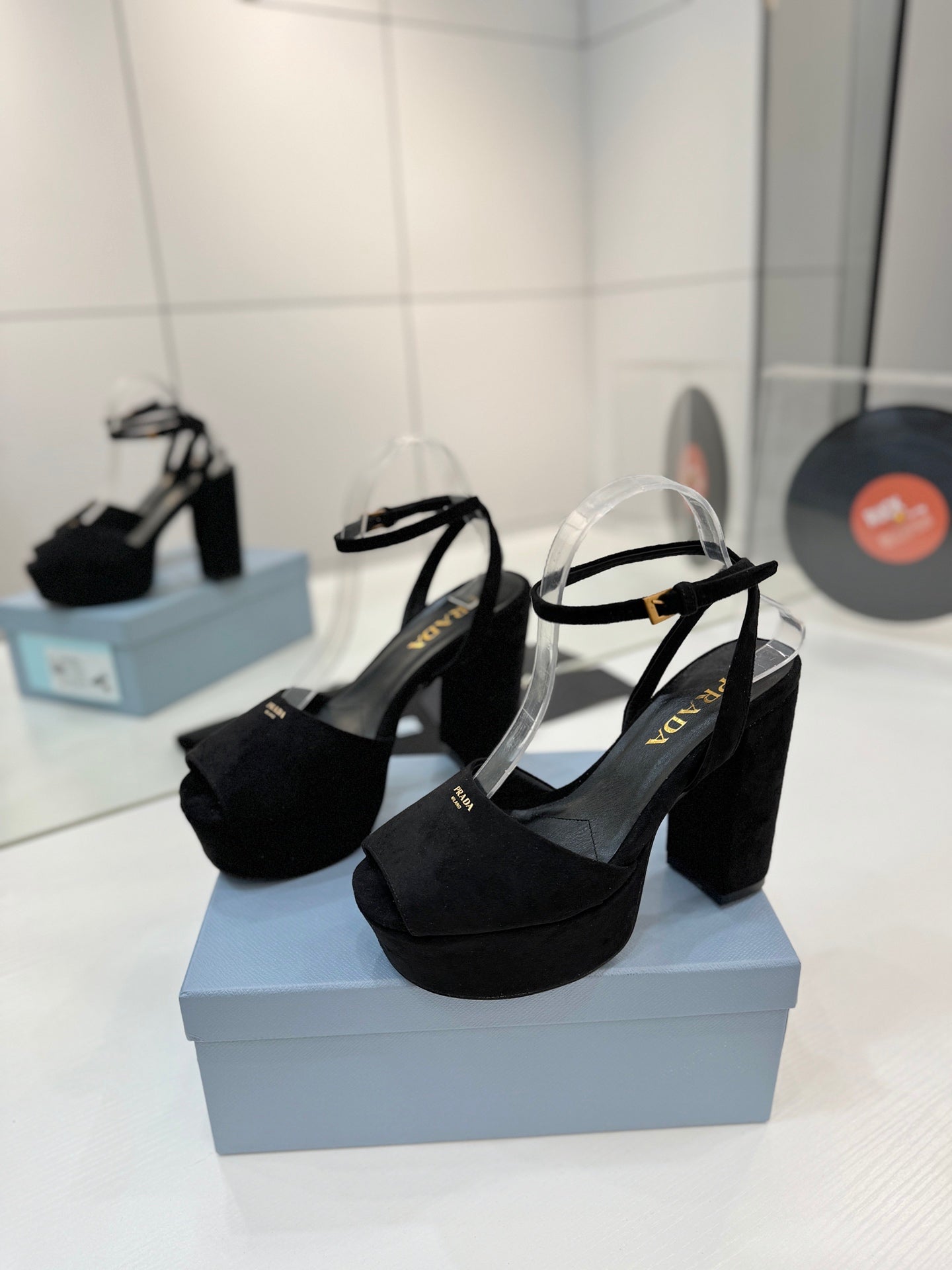 Prada Block-Heel Platform – Deep Black Matte Suede with Gold-Toned Branding