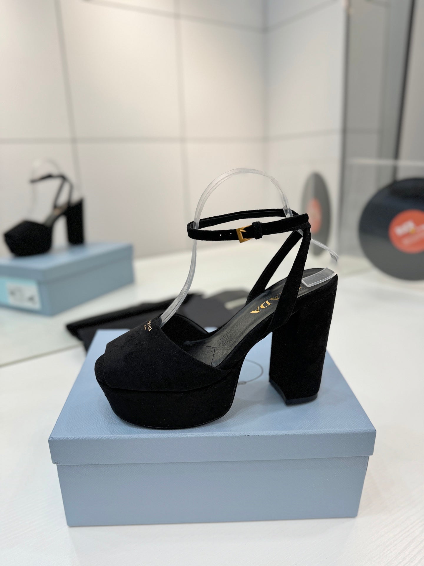 Prada Block-Heel Platform – Deep Black Matte Suede with Gold-Toned Branding