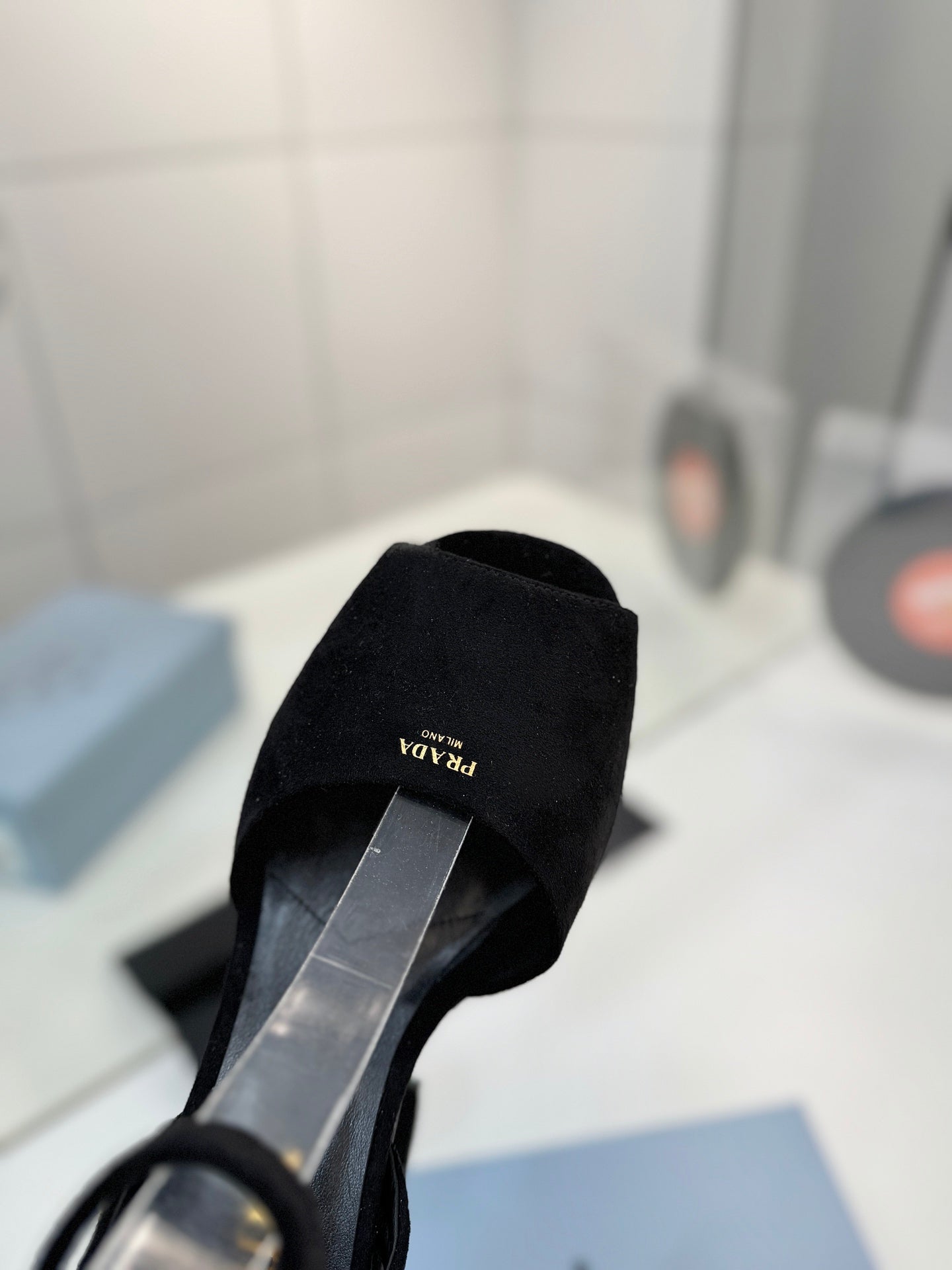 Prada Block-Heel Platform – Deep Black Matte Suede with Gold-Toned Branding