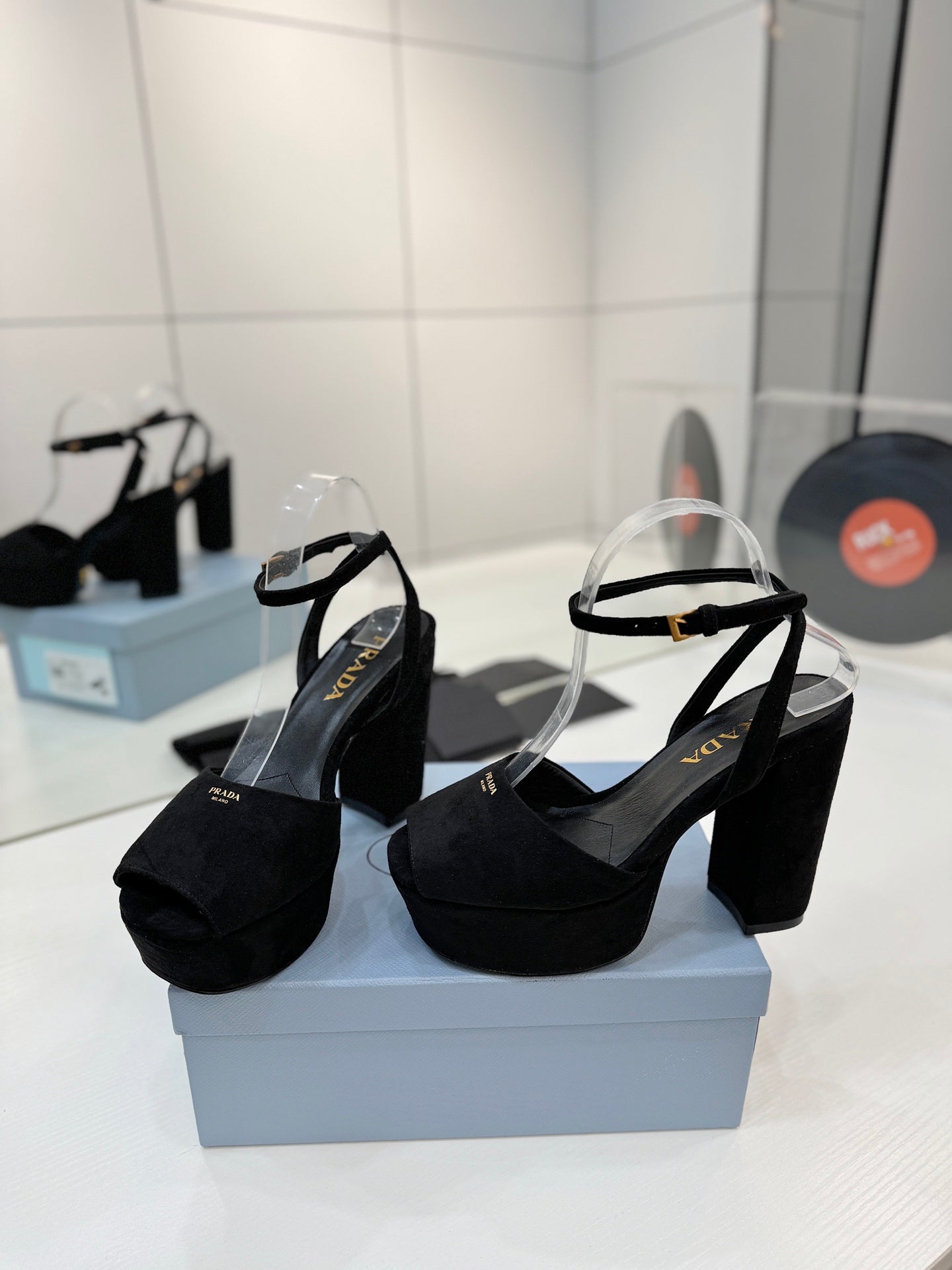 Prada Block-Heel Platform – Deep Black Matte Suede with Gold-Toned Branding