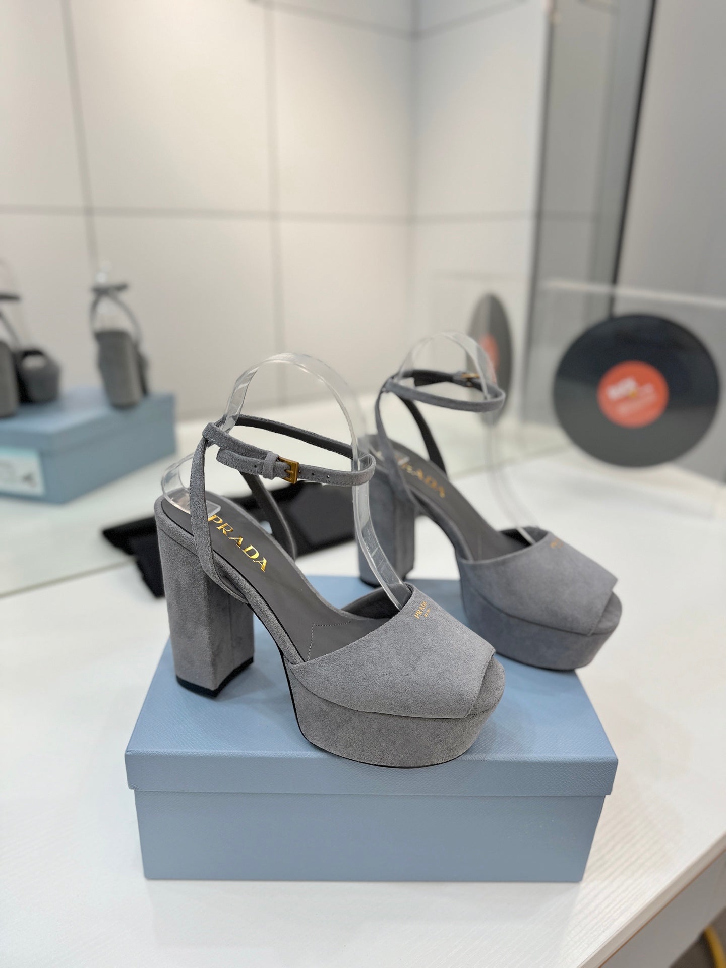 Block-Heel Platform – Dove Grey Matte Suede with Gold-Toned Hardware