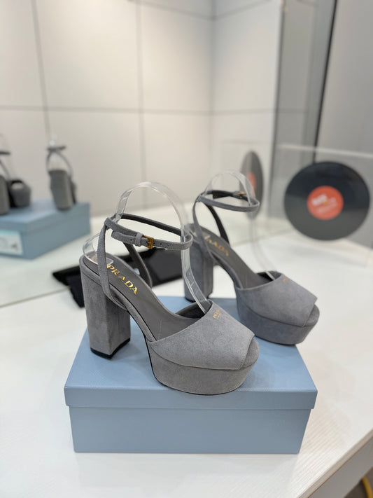 Block-Heel Platform – Dove Grey Matte Suede with Gold-Toned Hardware