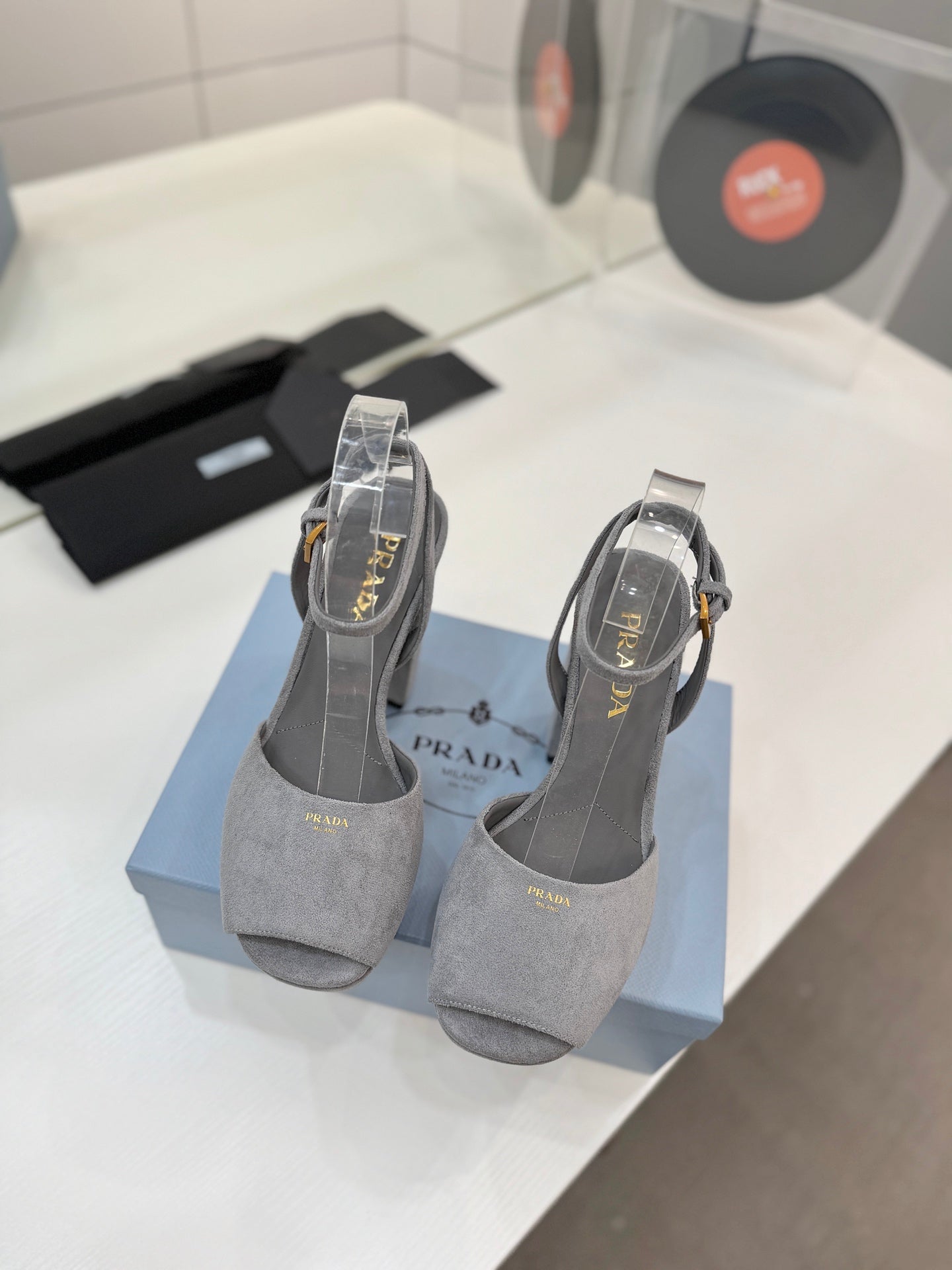 Block-Heel Platform – Dove Grey Matte Suede with Gold-Toned Hardware