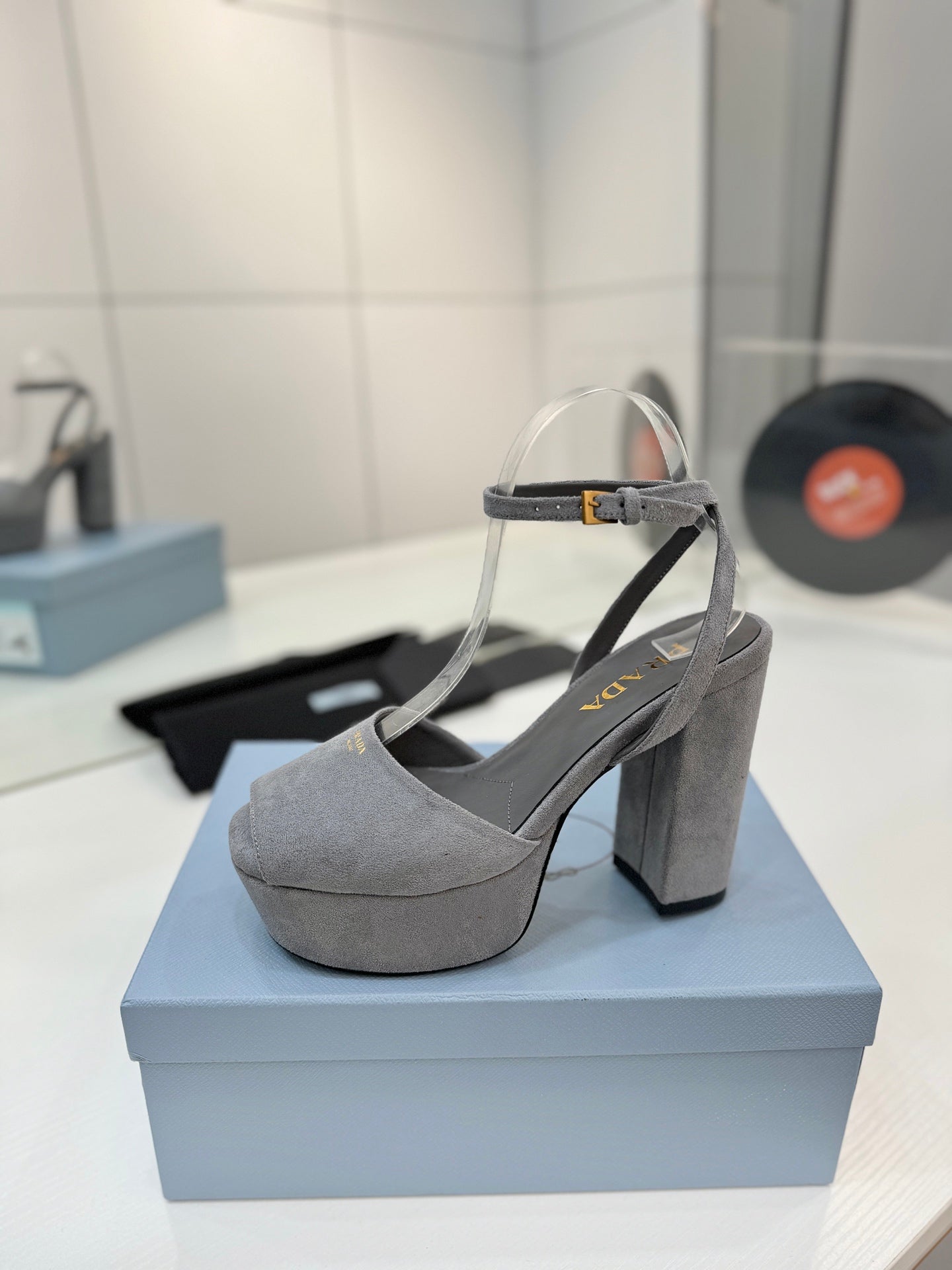 Block-Heel Platform – Dove Grey Matte Suede with Gold-Toned Hardware