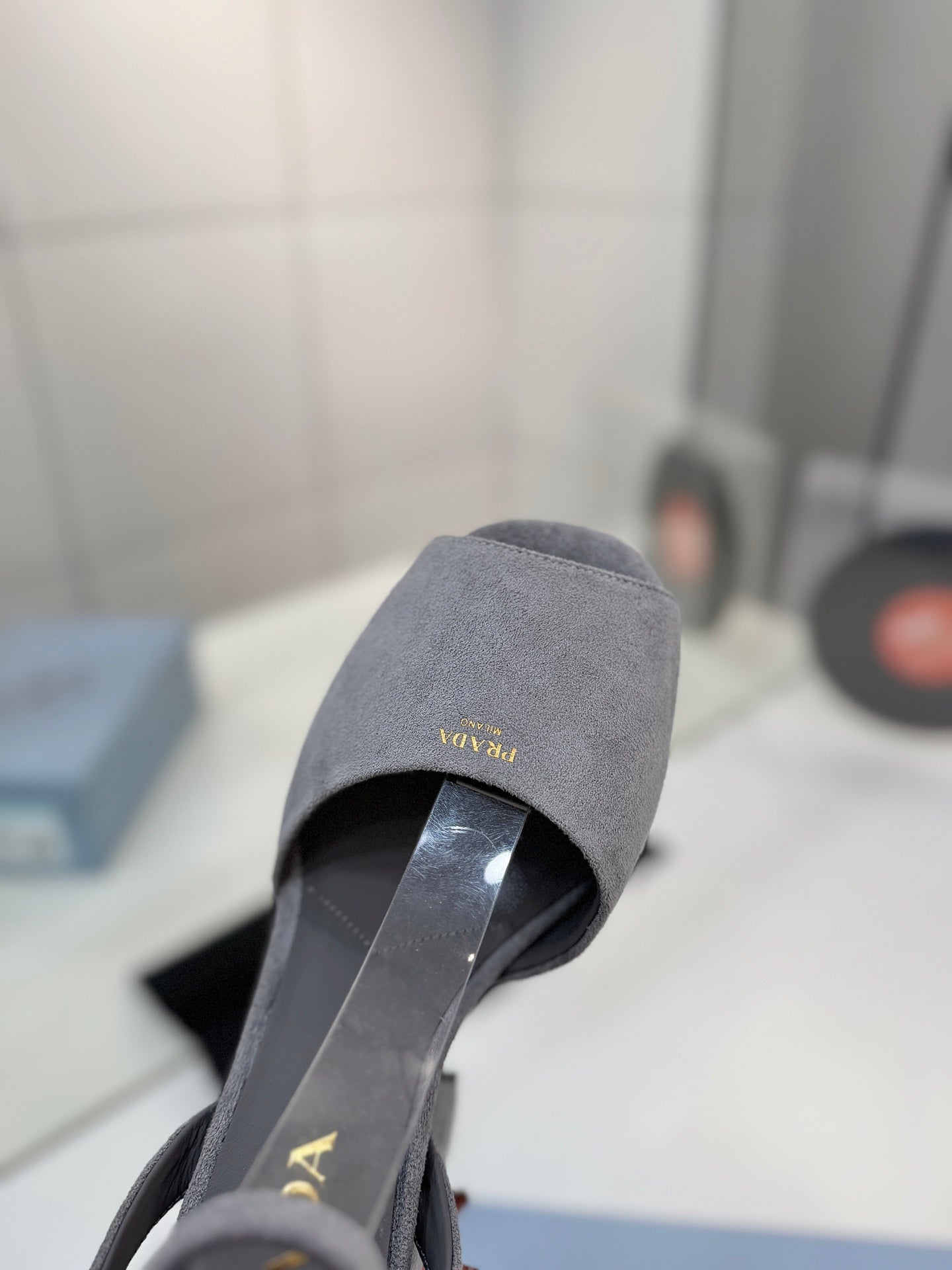 Block-Heel Platform – Dove Grey Matte Suede with Gold-Toned Hardware