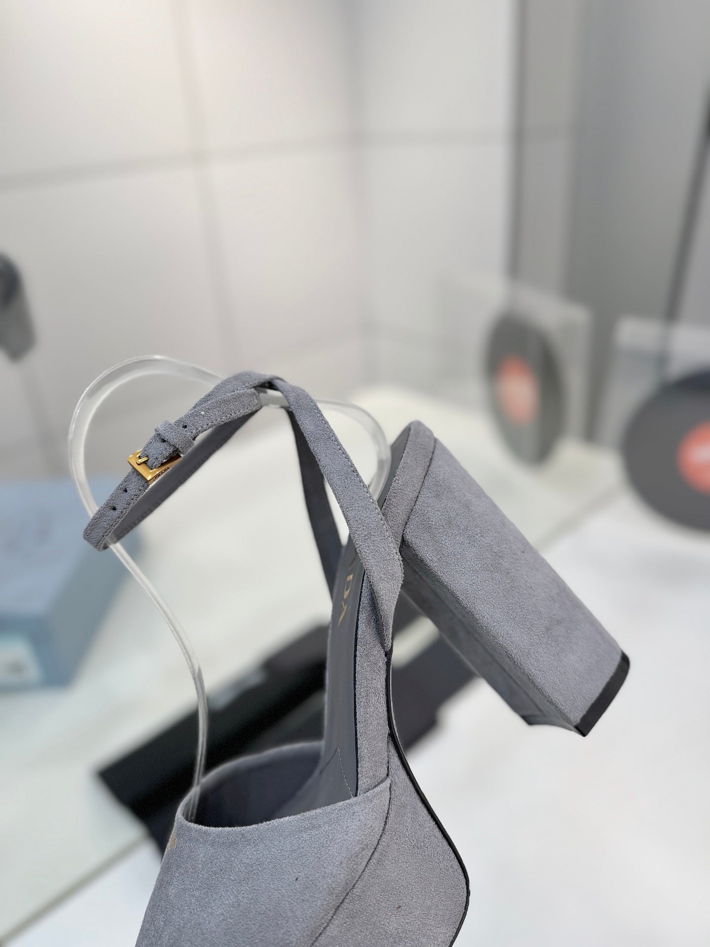 Block-Heel Platform – Dove Grey Matte Suede with Gold-Toned Hardware